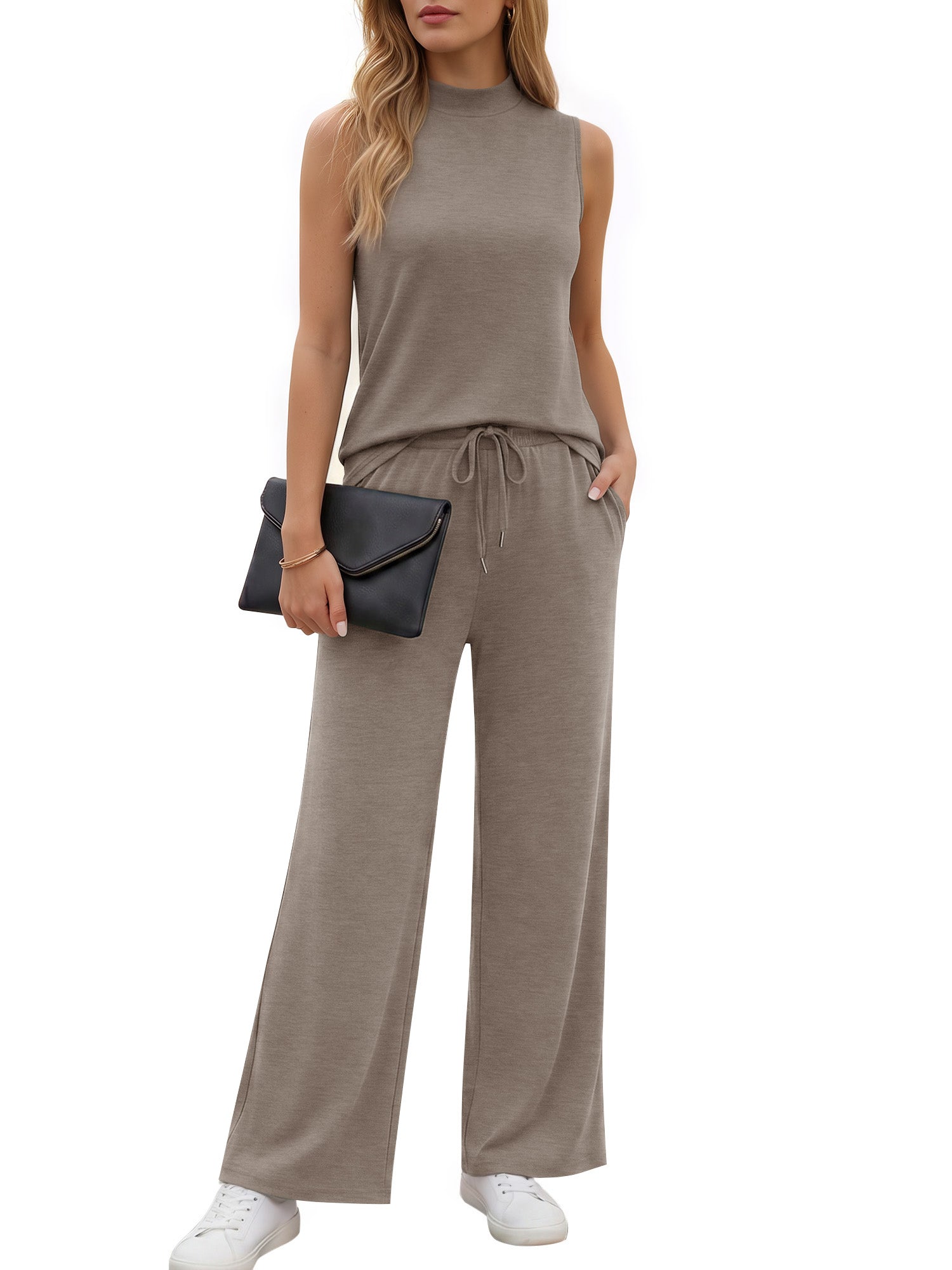 MOYIKO 2 Piece Sets for Women Casual Summer Outfits Sleeveless Tops and Wide Leg Pants with Pockets Travel Vacation Lounge Sets