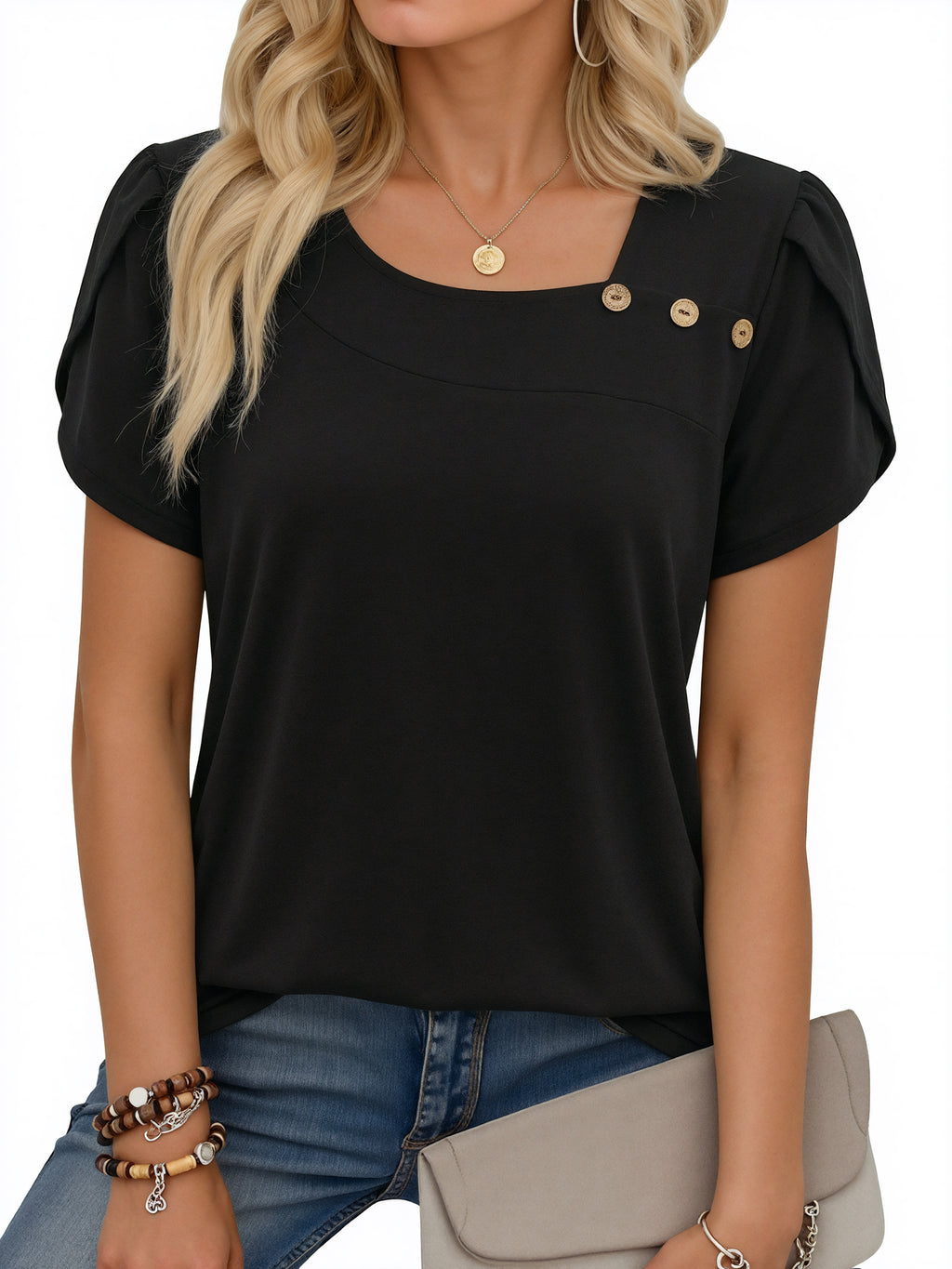 MOYIKO Womens Petal Sleeve Tops Summer Trendy T Shirt Casual Loose Square Neck Button Blouse Tees