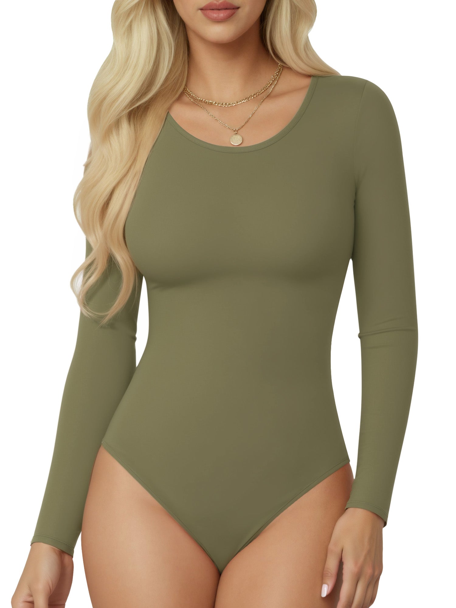 MOYIKO Round Neck Long Sleeve Bodysuit Fitted Womens Tops