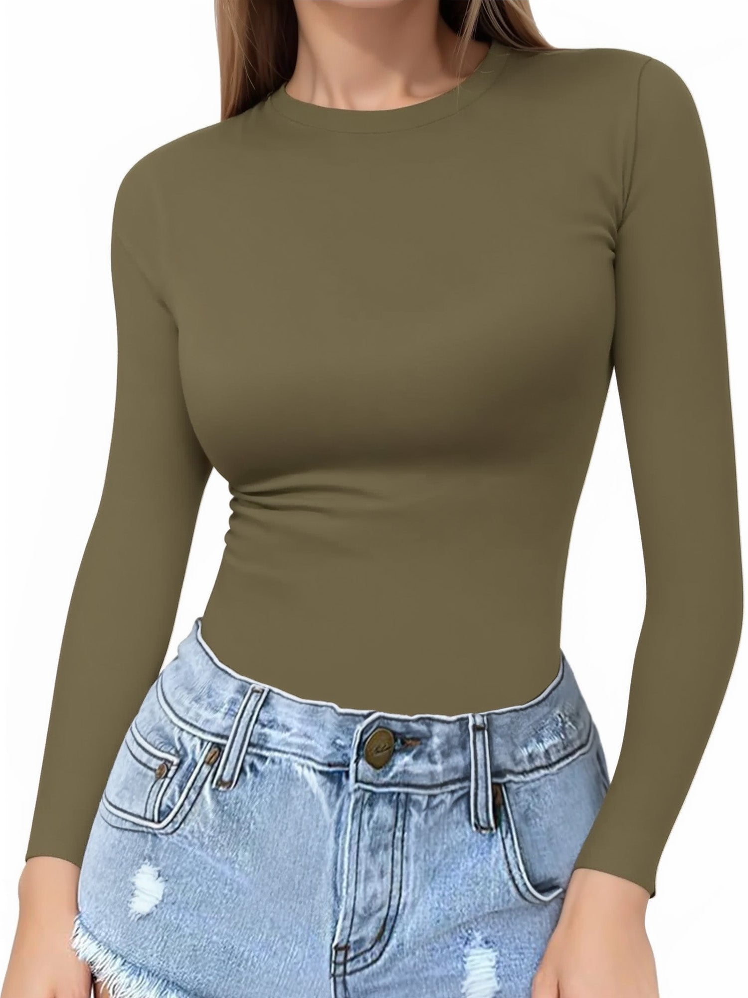 MOYIKO Crewneck Long Sleeve Shirts for Women Slim Fitted Tees Tight Basic Tops