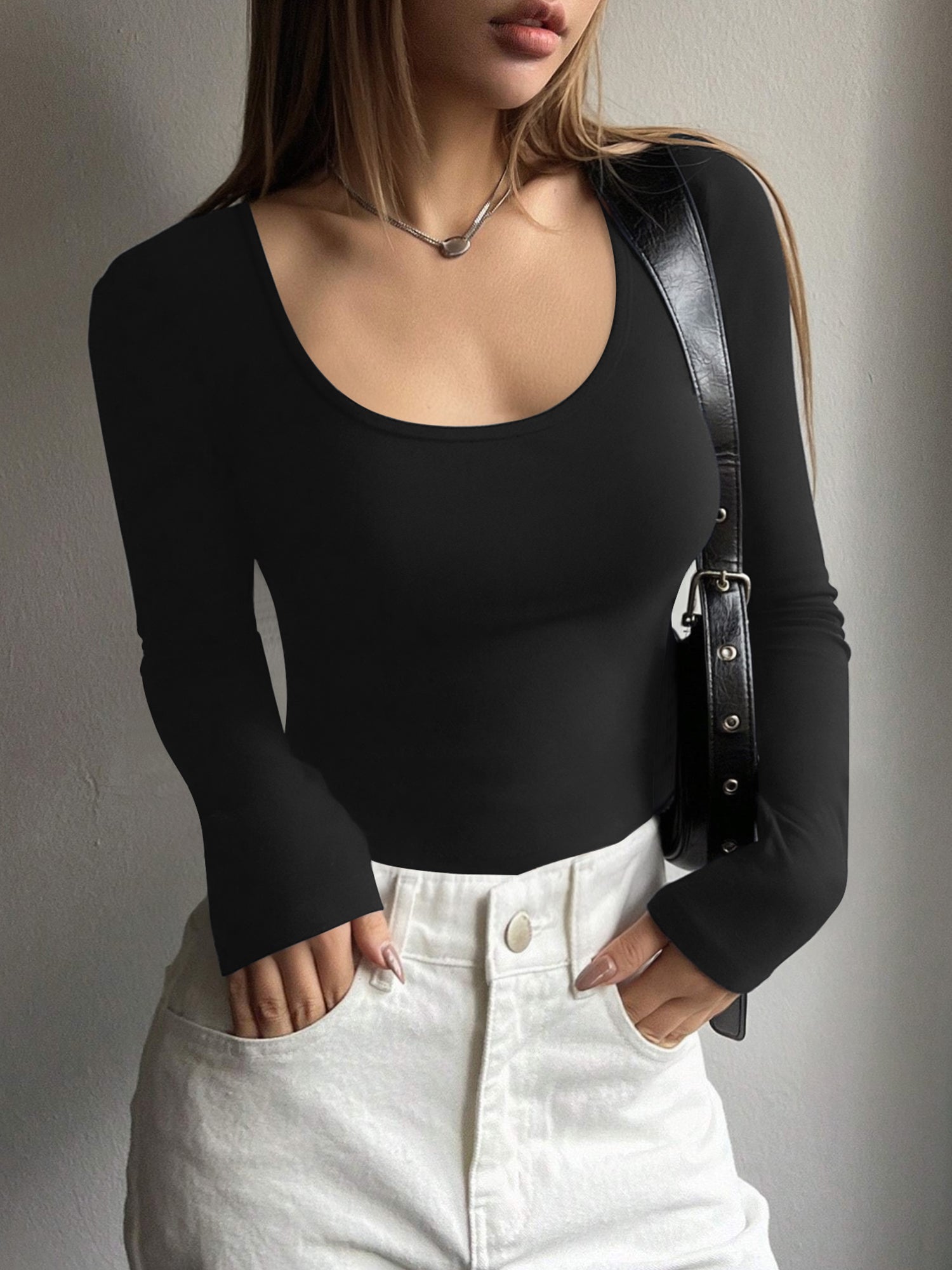 MOYIKO Scoop Neck Long Sleeve Shirts for Women Slim Fitted Tees Basic Tight Tops