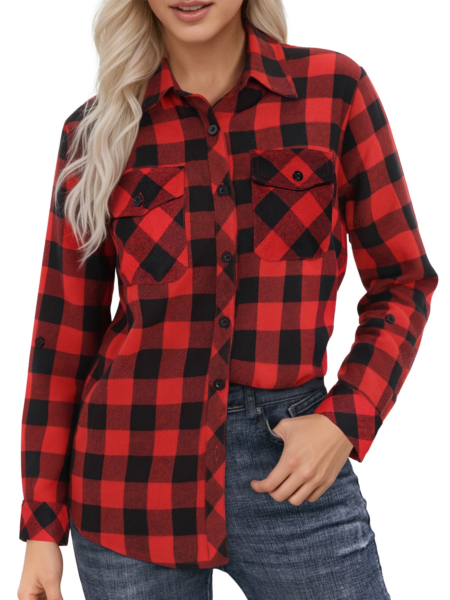OALUXE Plaid Shirts for Women Roll Up Long Sleeve Casual Button Down Blouses Tops with Pockets