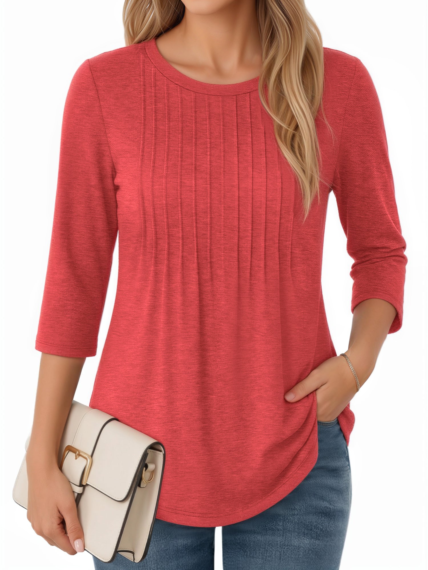MOYIKO 3/4 Length Sleeve Womens Tops Round Neck T Shirts Pleated Tunic Summer Blouses Dressy Casual