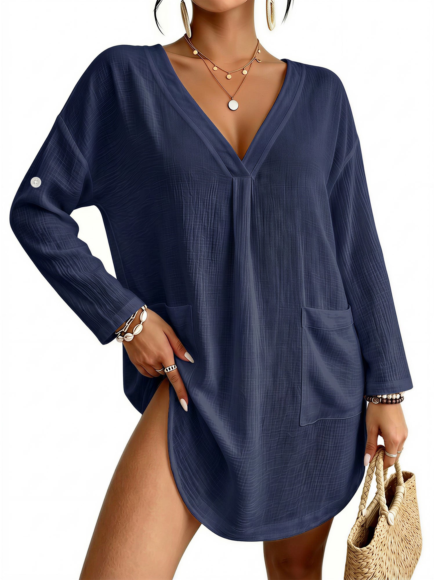 MOYIKO Women Swimsuit Cover up Shirt V Neck long 3/4 sleeve Bathing Suit Cover Summer Beachwear Sun Protection Blouse