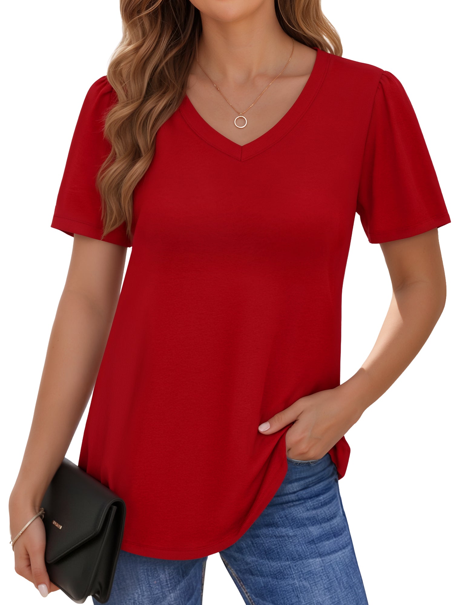 MOYIKO Womens Short Puff Sleeve T Shirts V Neck Summer Tops Trendy Dressy Casual Loose Fit Tees