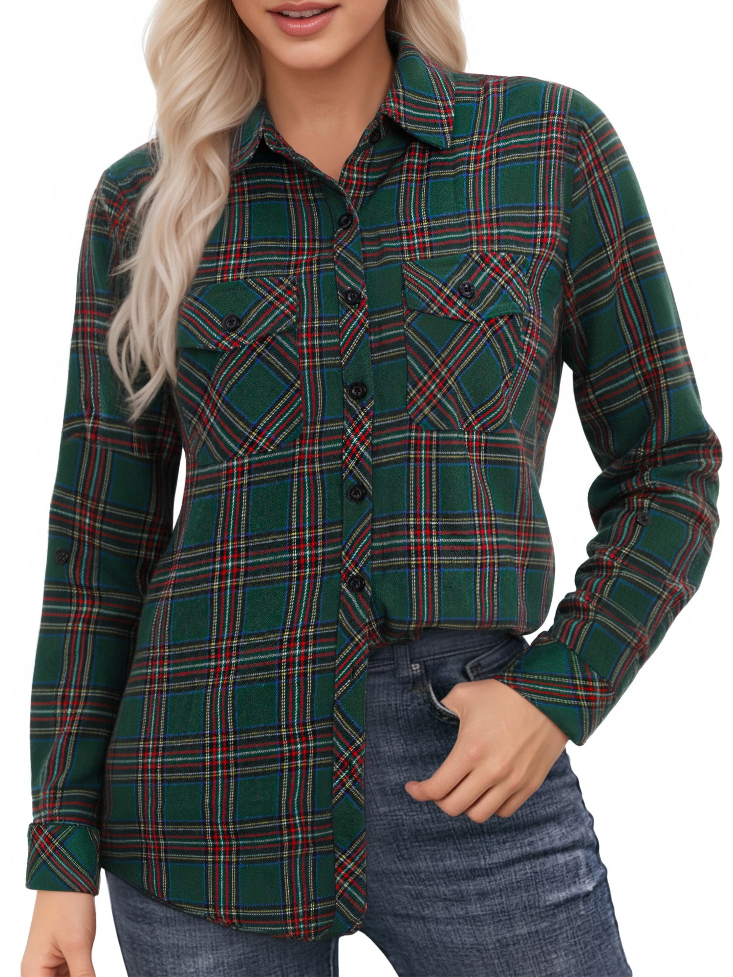 OALUXE Plaid Shirts for Women Roll Up Long Sleeve Casual Button Down Blouses Tops with Pockets