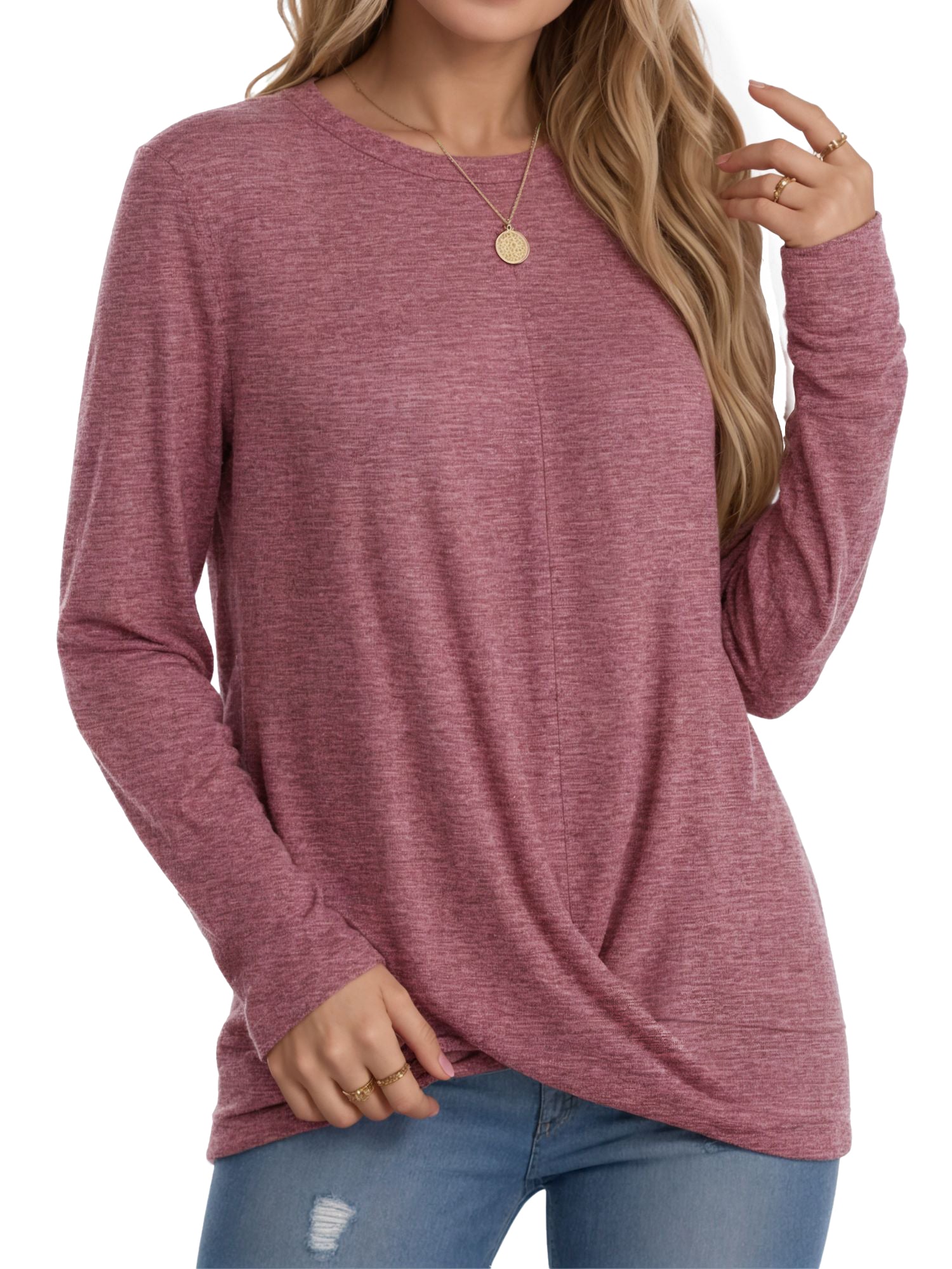 OALUXE Long Sleeve Shirts for Women Dressy Casual Tunic Tops Crewneck Front Twist Blouses