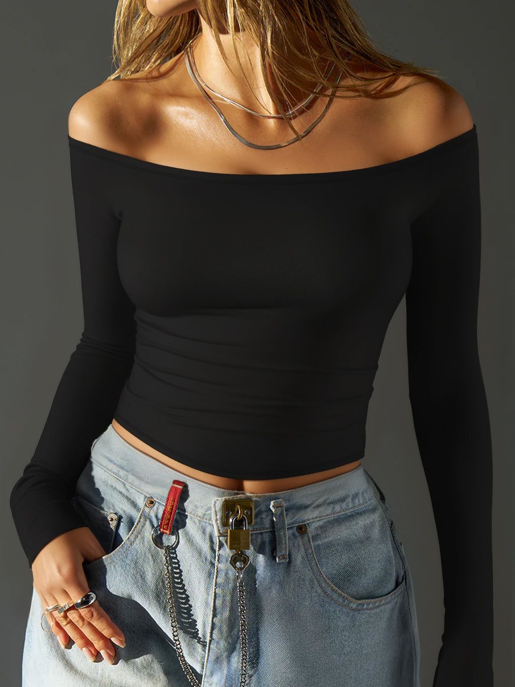 MOYIKO Off The Shoulder Tops For Women Fitted Long Sleeve Shirts Elegant