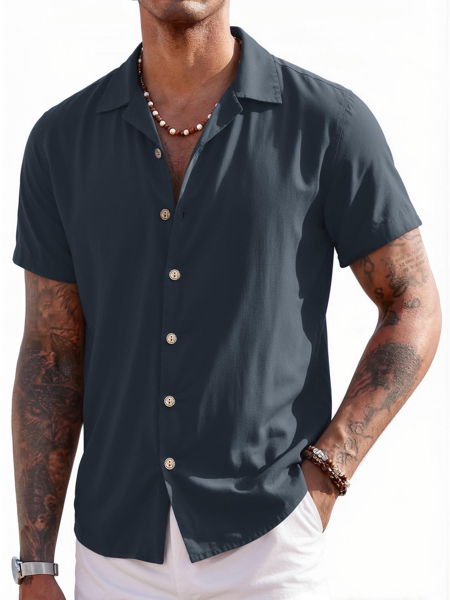 RICHCOIN Mens Linen Shirts Cuban Hawaiian Shirts Short Sleeve Button Down Casual Summer Beach Tops
