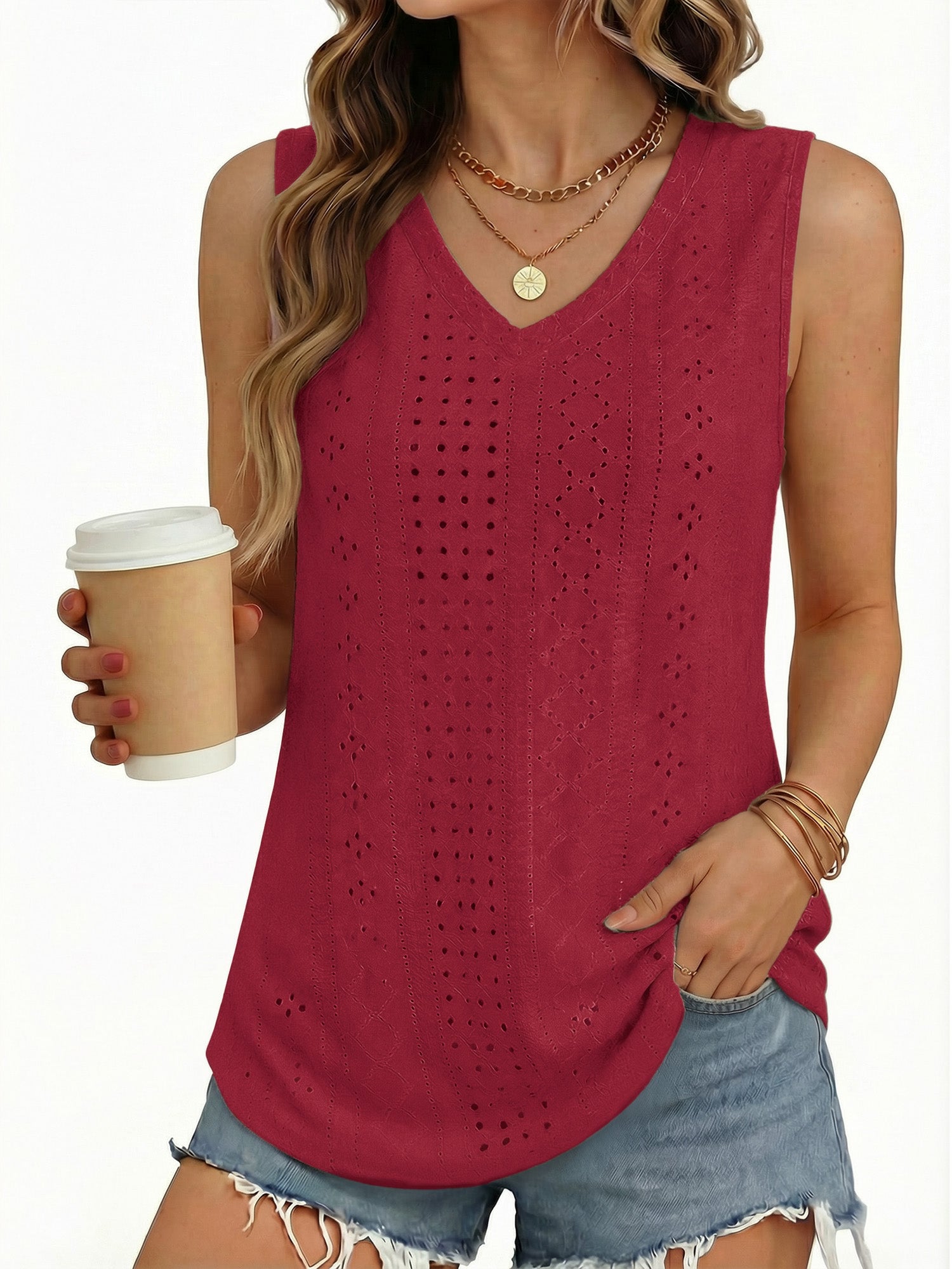 MOYIKO Tank Tops for Women Eyelet V Neck Trendy Sleeveless Tops Dressy Casual Flowy Summer Shirts Loose Fit