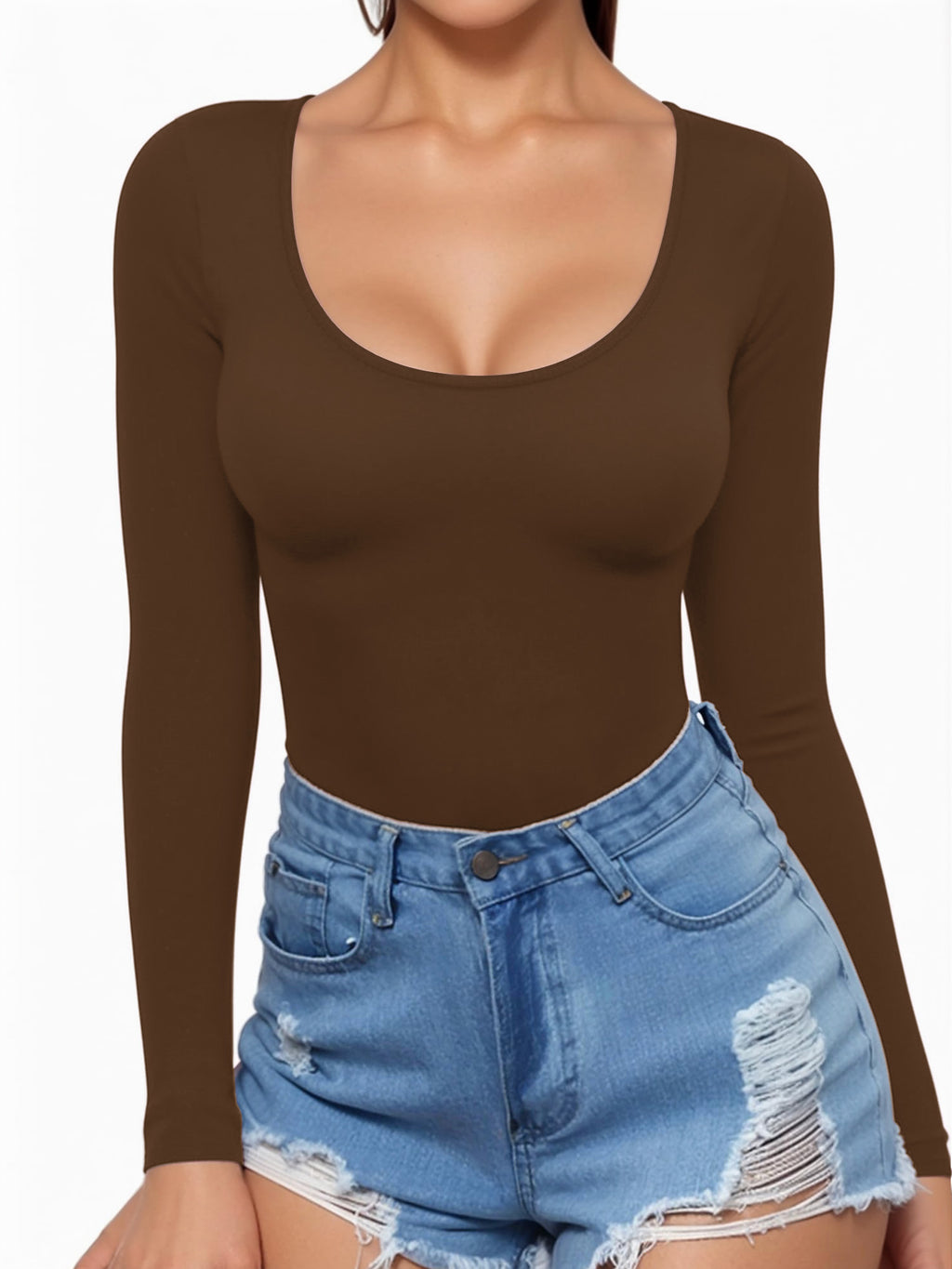 MOYIKO Scoop Neck Long Sleeve Shirts for Women Slim Fitted Tees Basic Tight Tops