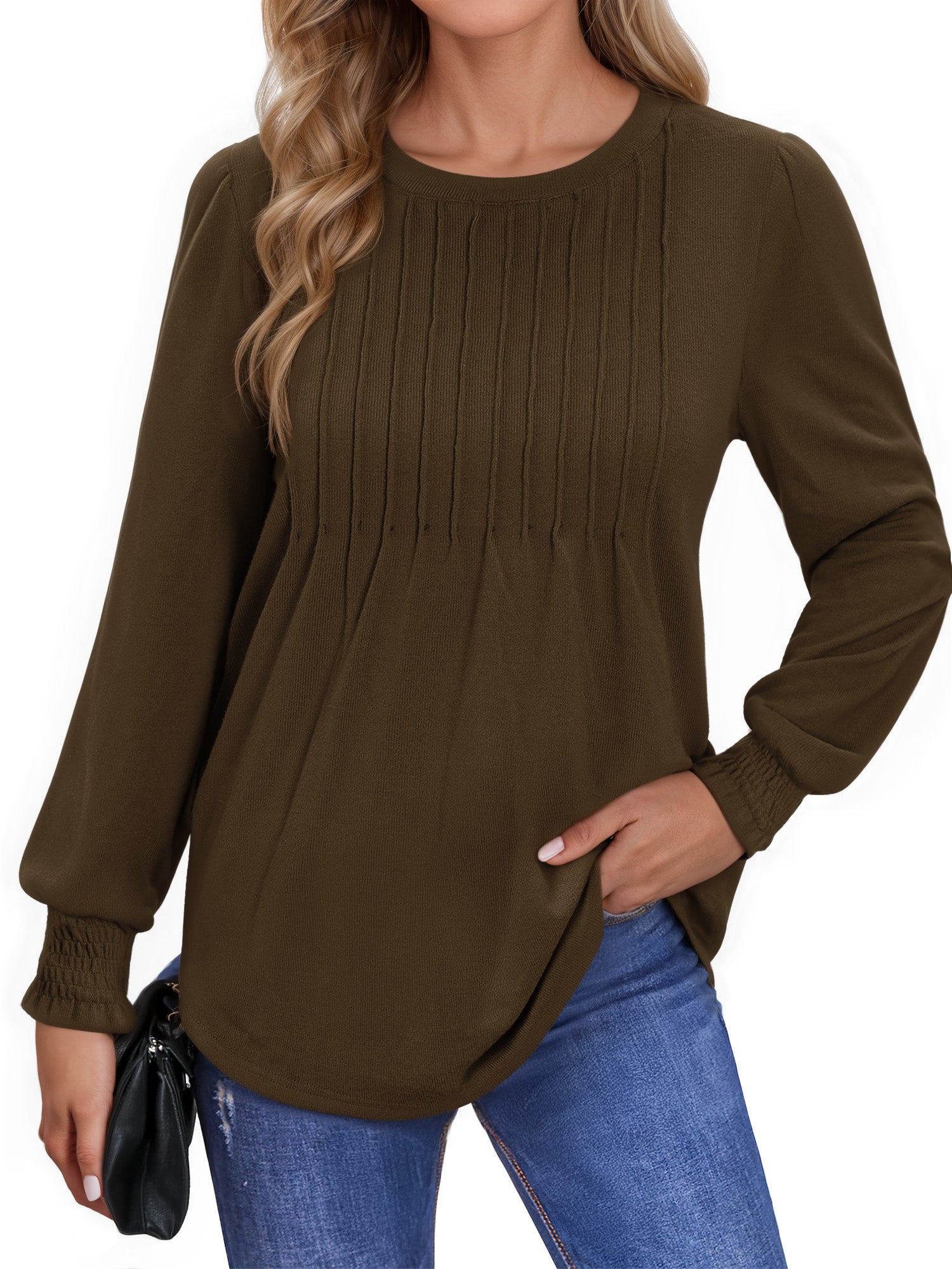 OALUXE Pleated Blouses for Women Long Sleeve Shirts Dressy Casual Tunic Tops with Smocked Cuffs