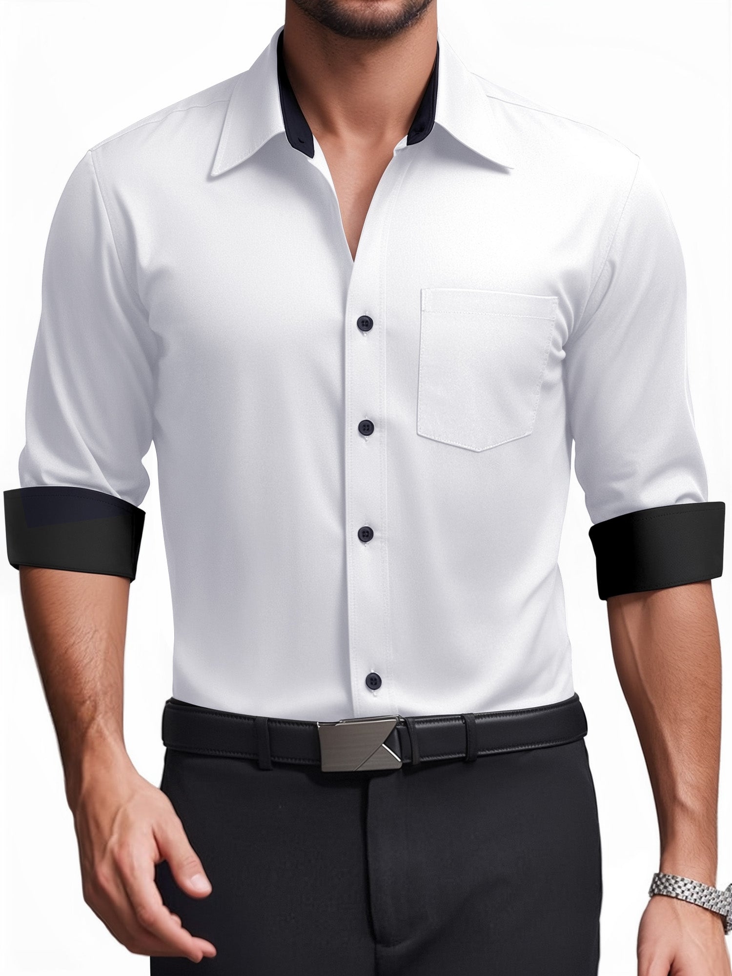 OALUXE Mens Dress Shirts Formal Long Sleeve Button Down Business Contrast Shirt with Pocket