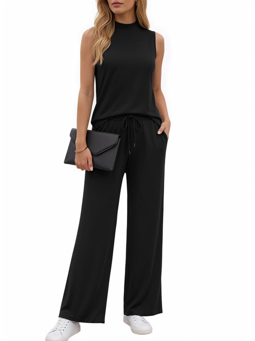MOYIKO 2 Piece Sets for Women Casual Summer Outfits Sleeveless Tops and Wide Leg Pants with Pockets Travel Vacation Lounge Sets