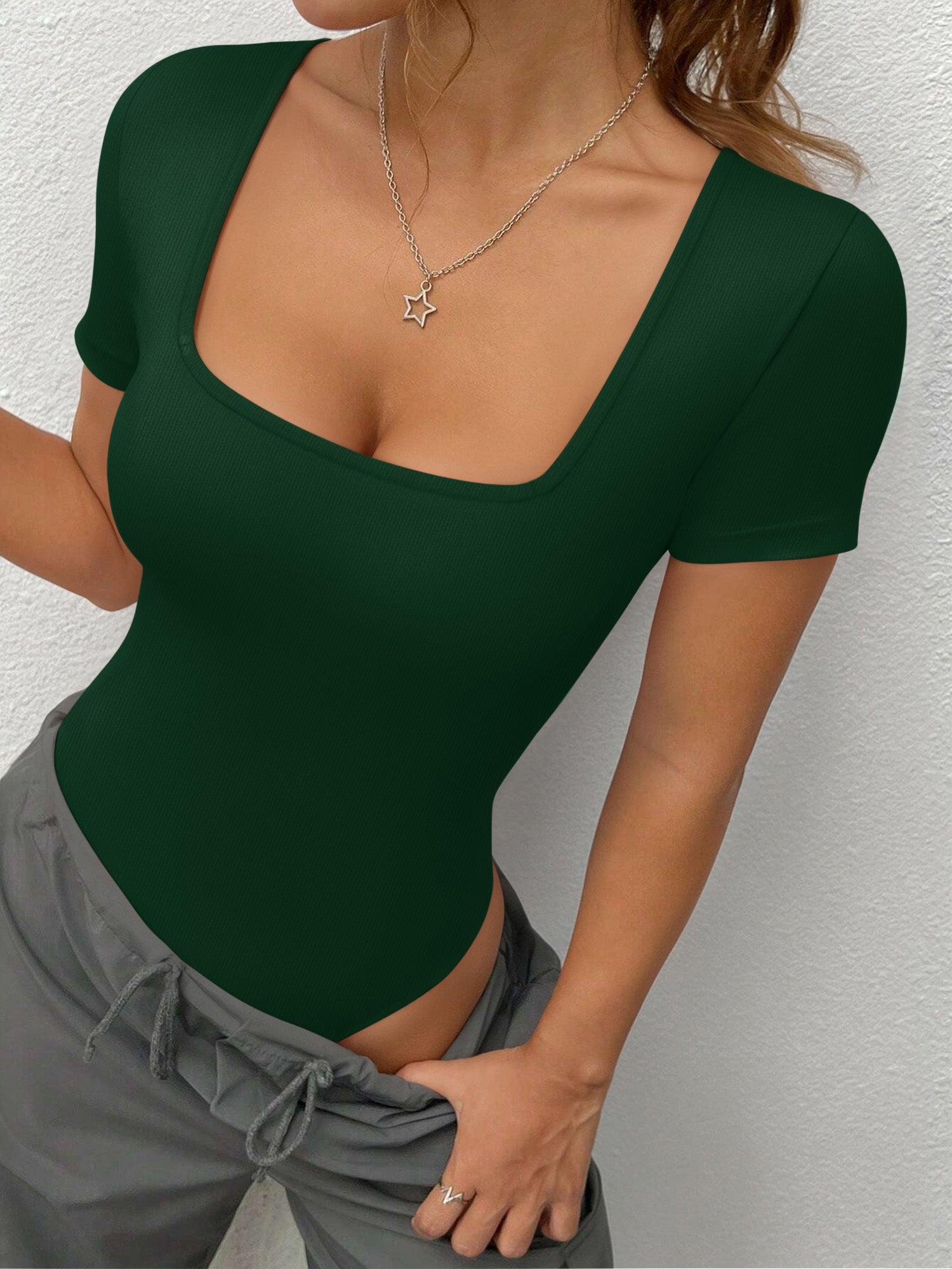 MOYIKO Square Neck Short Sleeve Bodysuits for Women Fitted Tops