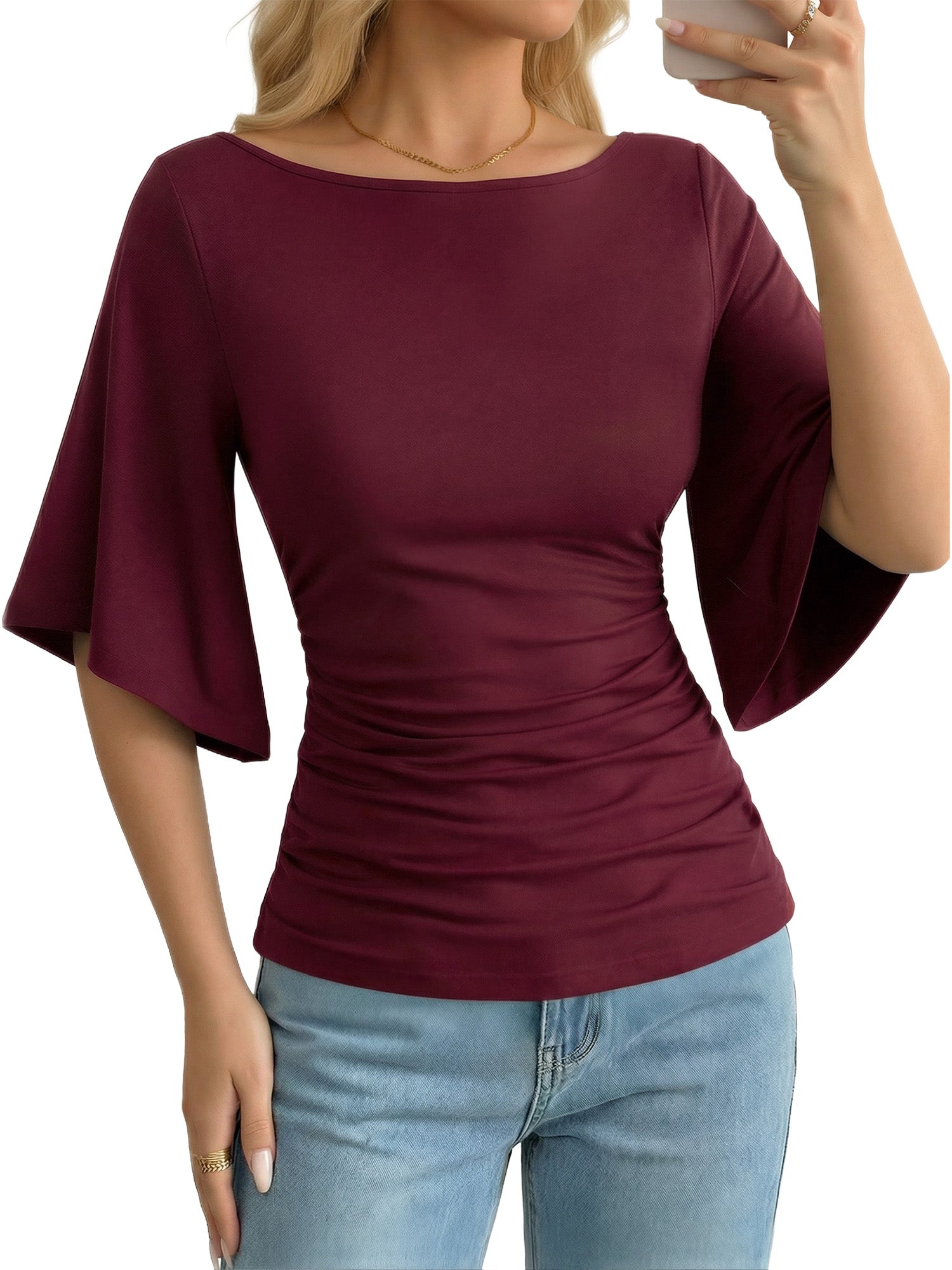 MOYIKO T Shirts for Women Boat Neck 3/4 Flare Sleeve Ruched Fitted Shirts