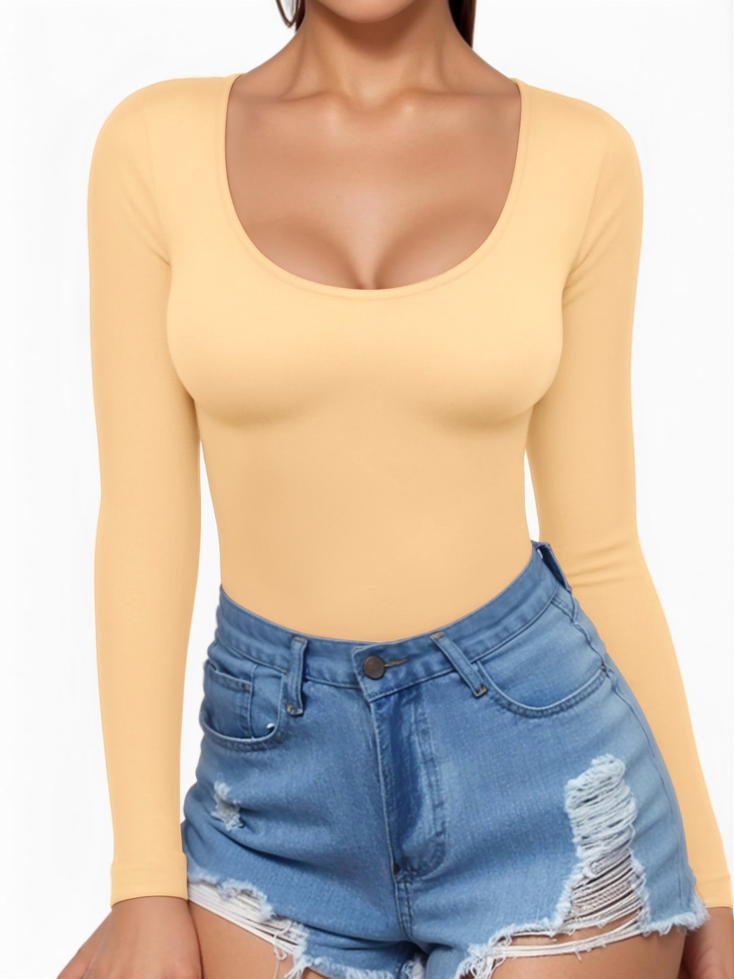 MOYIKO Scoop Neck Long Sleeve Shirts for Women Slim Fitted Tees Basic Tight Tops