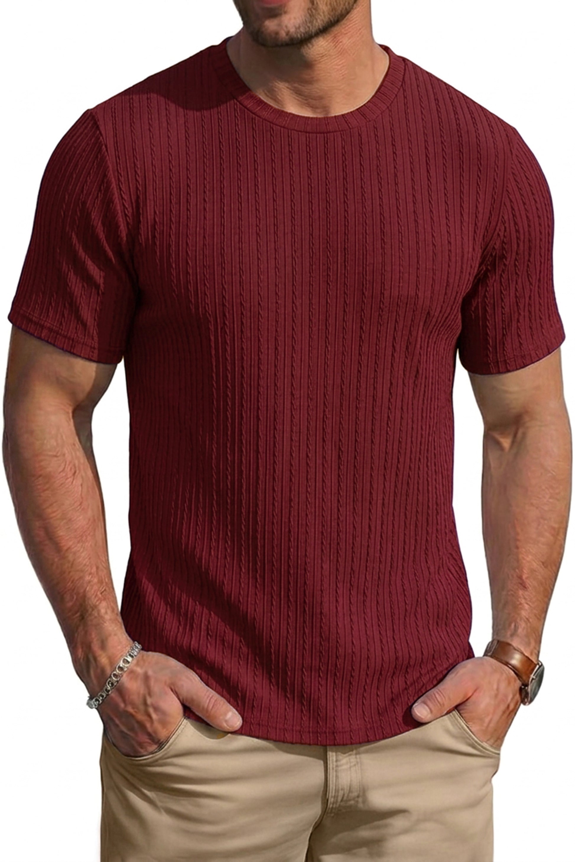 RICHCOIN Men's Ribbed Knit Crewneck T-Shirts Short Sleeve Textured Solid Casual Tee