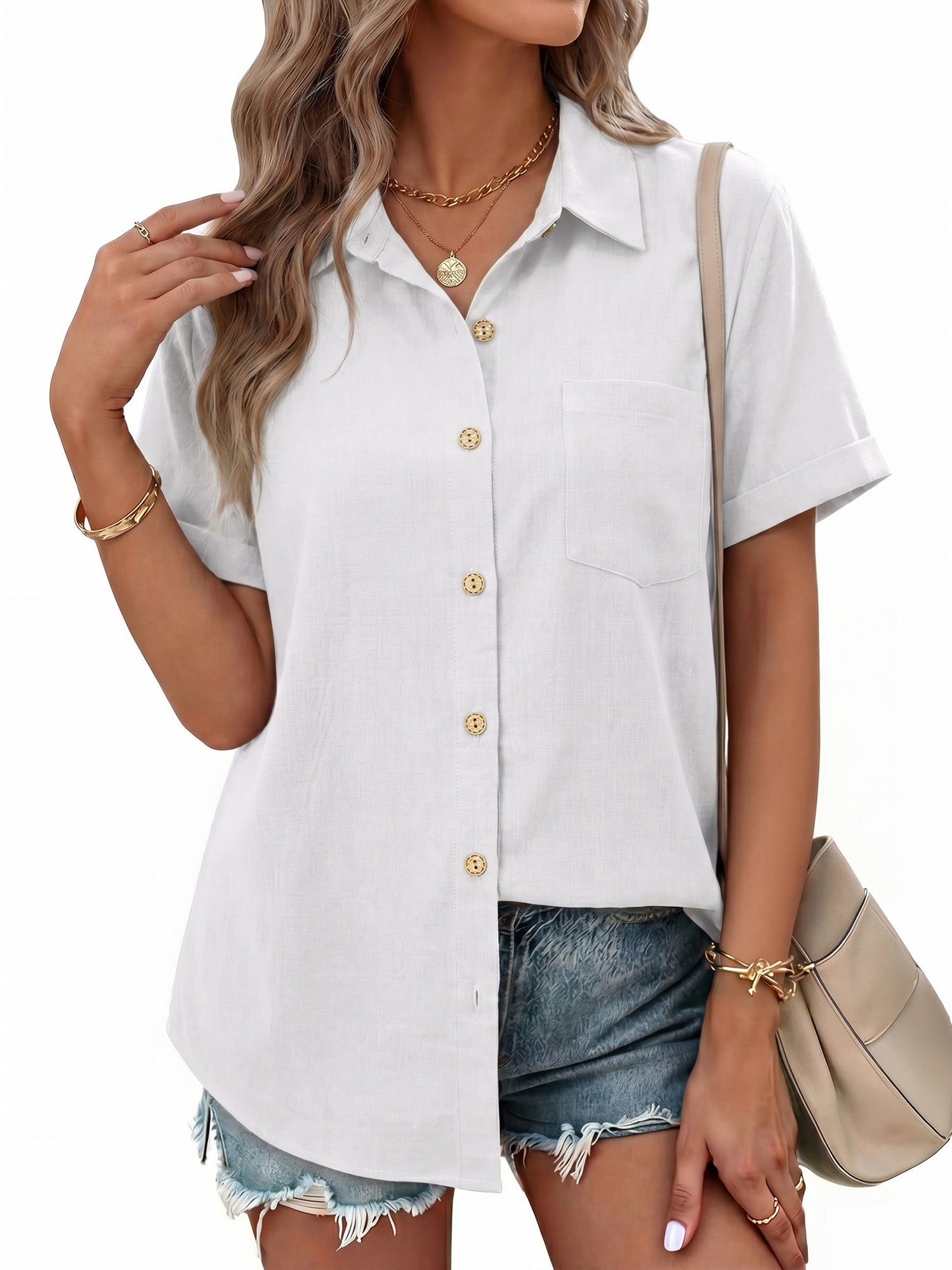 MOYIKO Womens Button Down Shirts Short Sleeve Shirt Collared Casual Work Blouses Summer Tops with Pockets