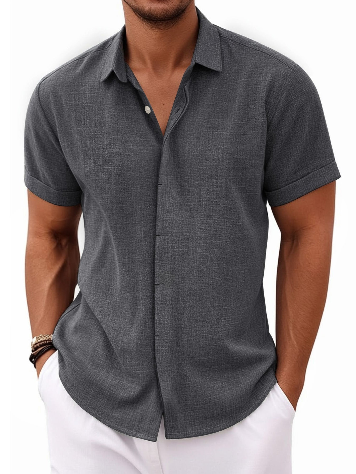 RICHCOIN Men's Linen Shirts Short Sleeve Casual Shirts Button Down Shirt for Men Summer Beach Wedding Dress Shirt