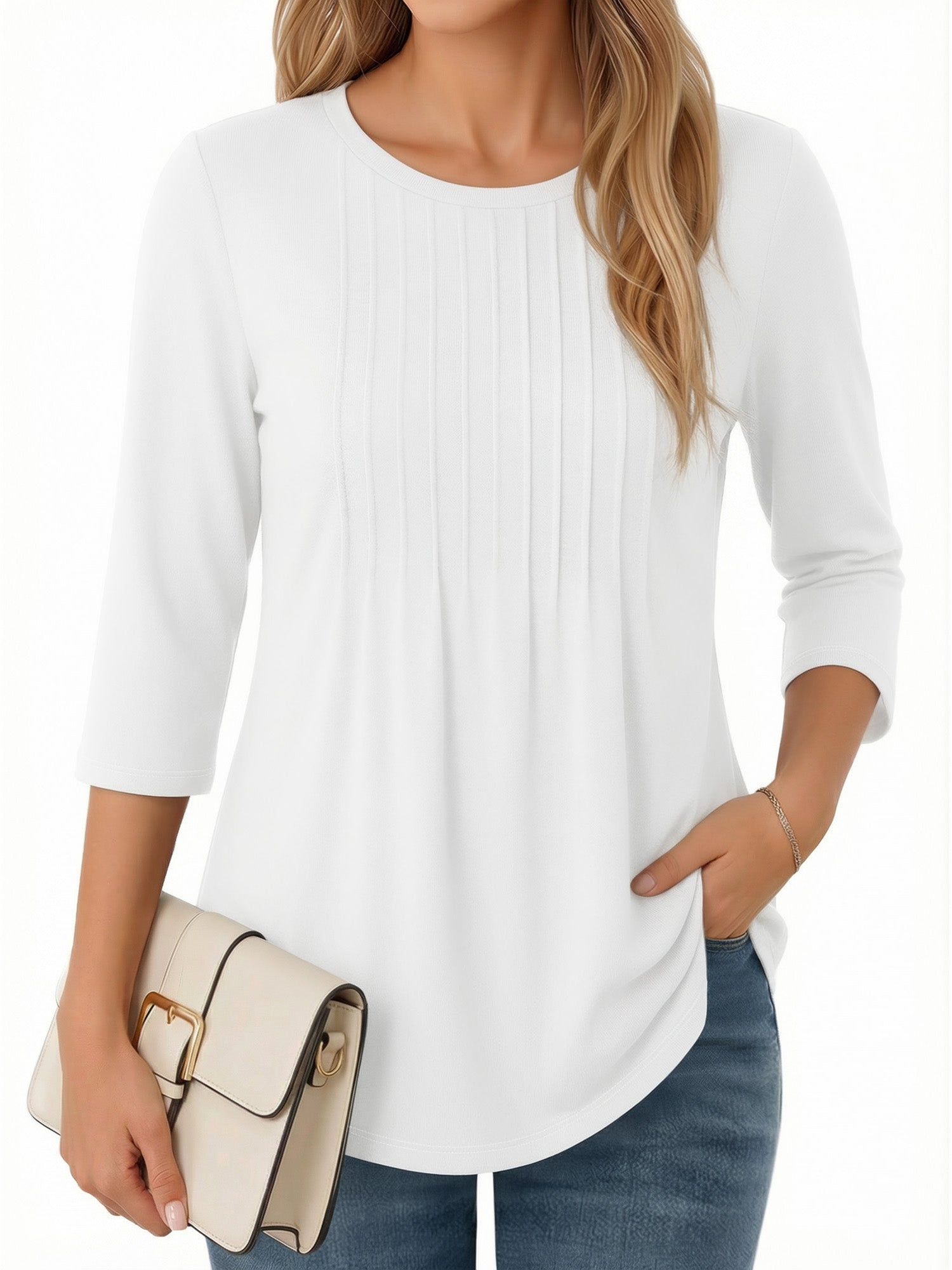 MOYIKO 3/4 Length Sleeve Womens Tops Round Neck T Shirts Pleated Tunic Summer Blouses Dressy Casual