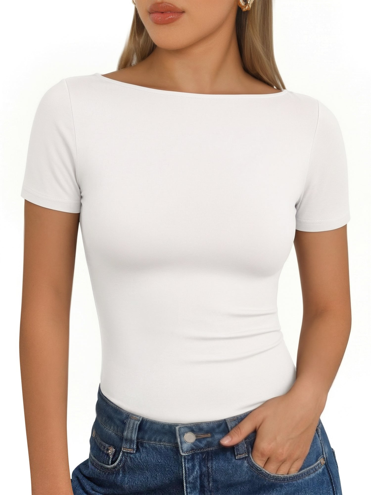 MOYIKO Womens T Shirts Short Sleeve Boat Neck Slim Fit Tee Basic Summer Tops