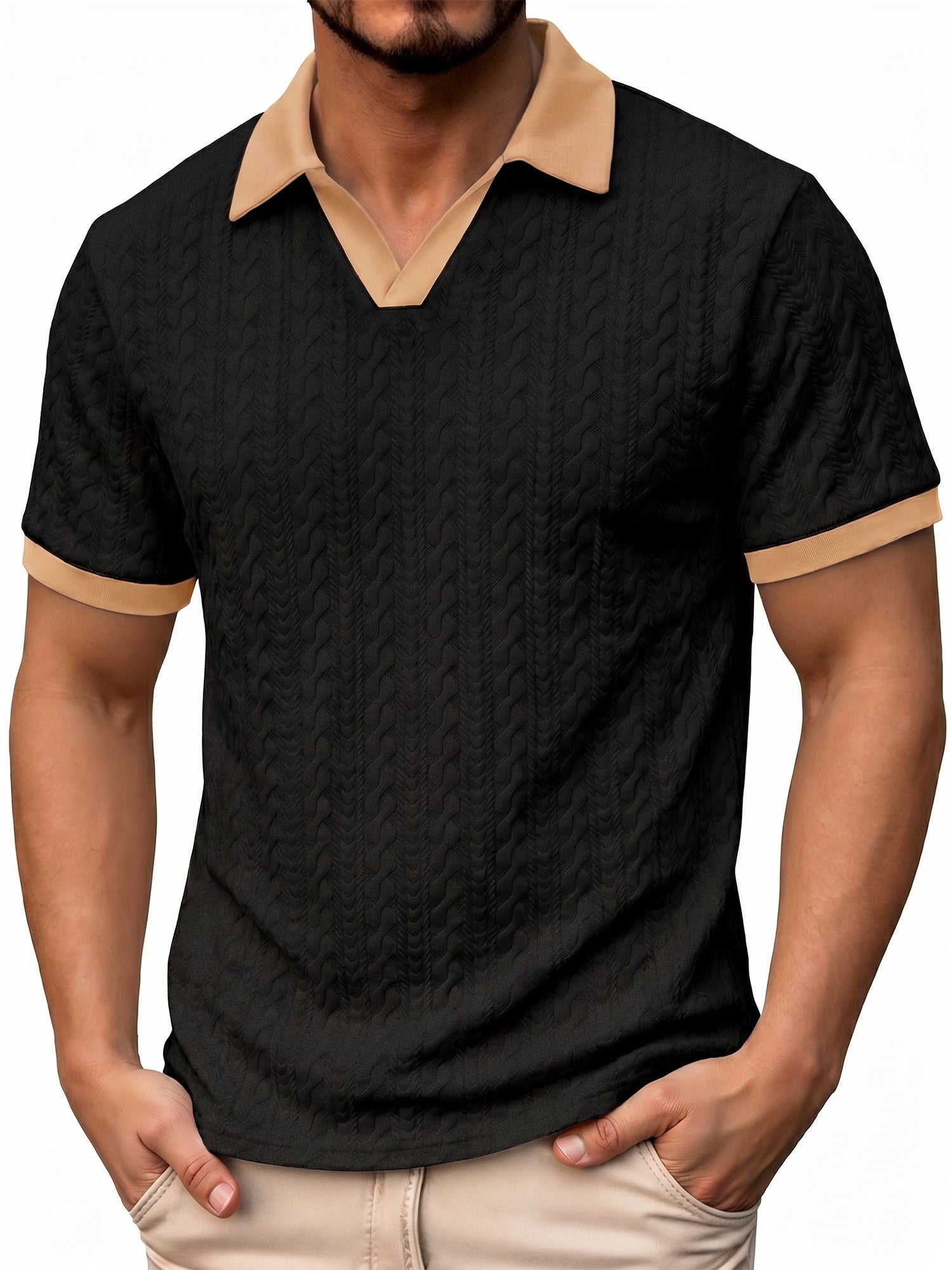 RICHCHOIN Polo Shirts for Men V Neck Short Sleeve Golf Shirts Casual Textured Knit Old Money Tops