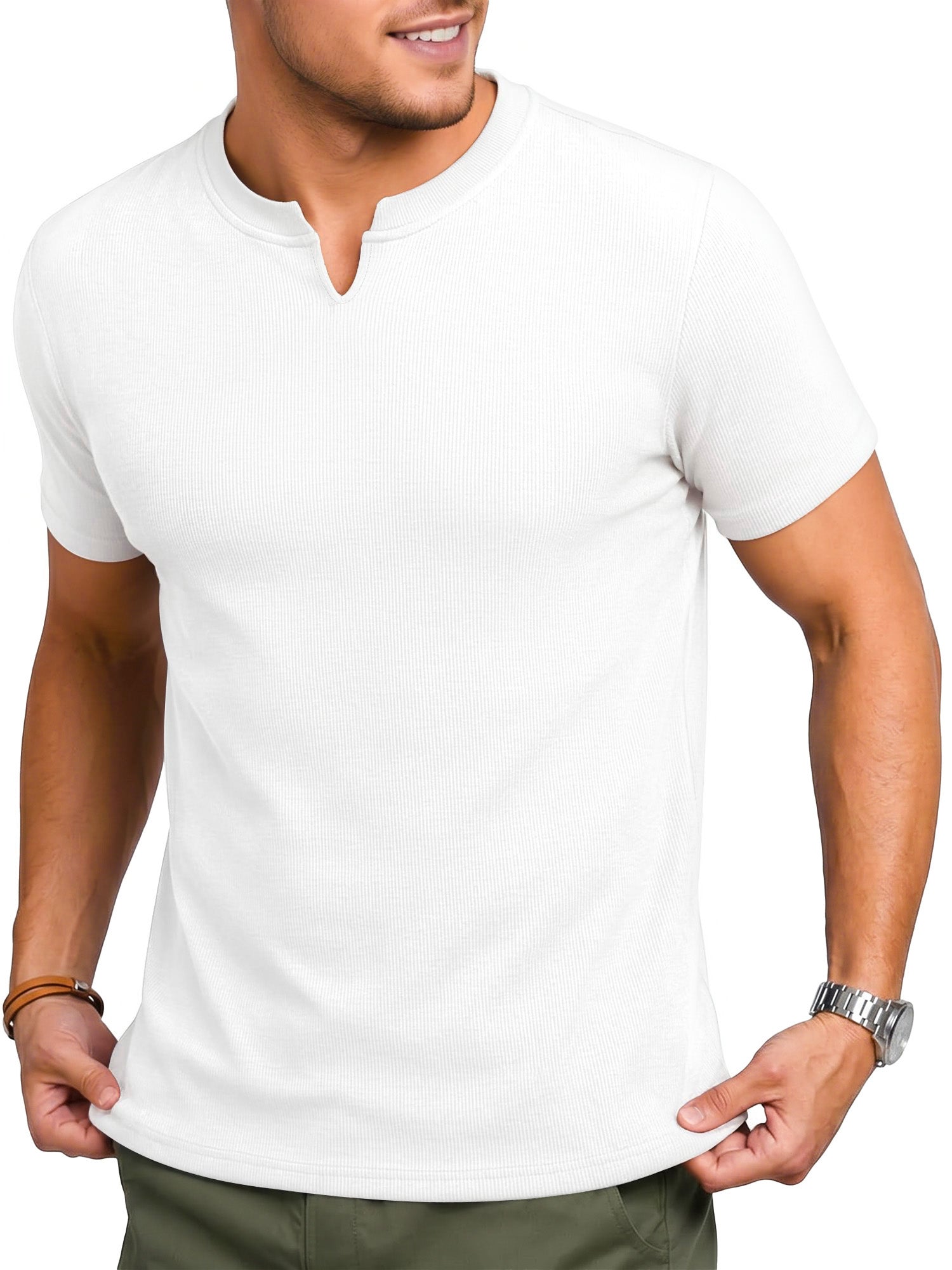 RICHCOIN Mens Muscle Slim T Shirts Texture V Neck Henley Gym Workout Athletic Tee Shirt