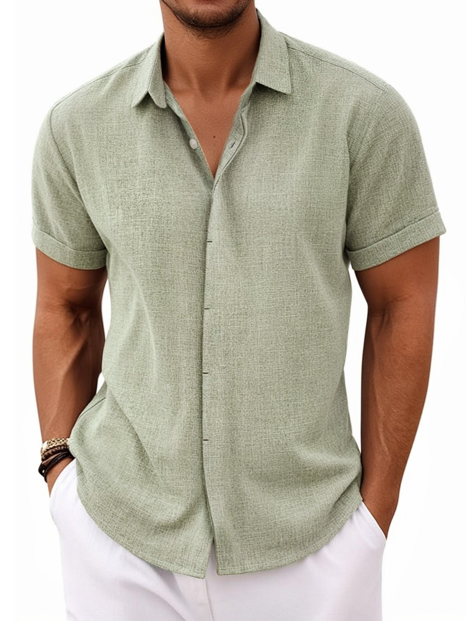 RICHCOIN Men's Linen Shirts Short Sleeve Casual Shirts Button Down Shirt for Men Summer Beach Wedding Dress Shirt