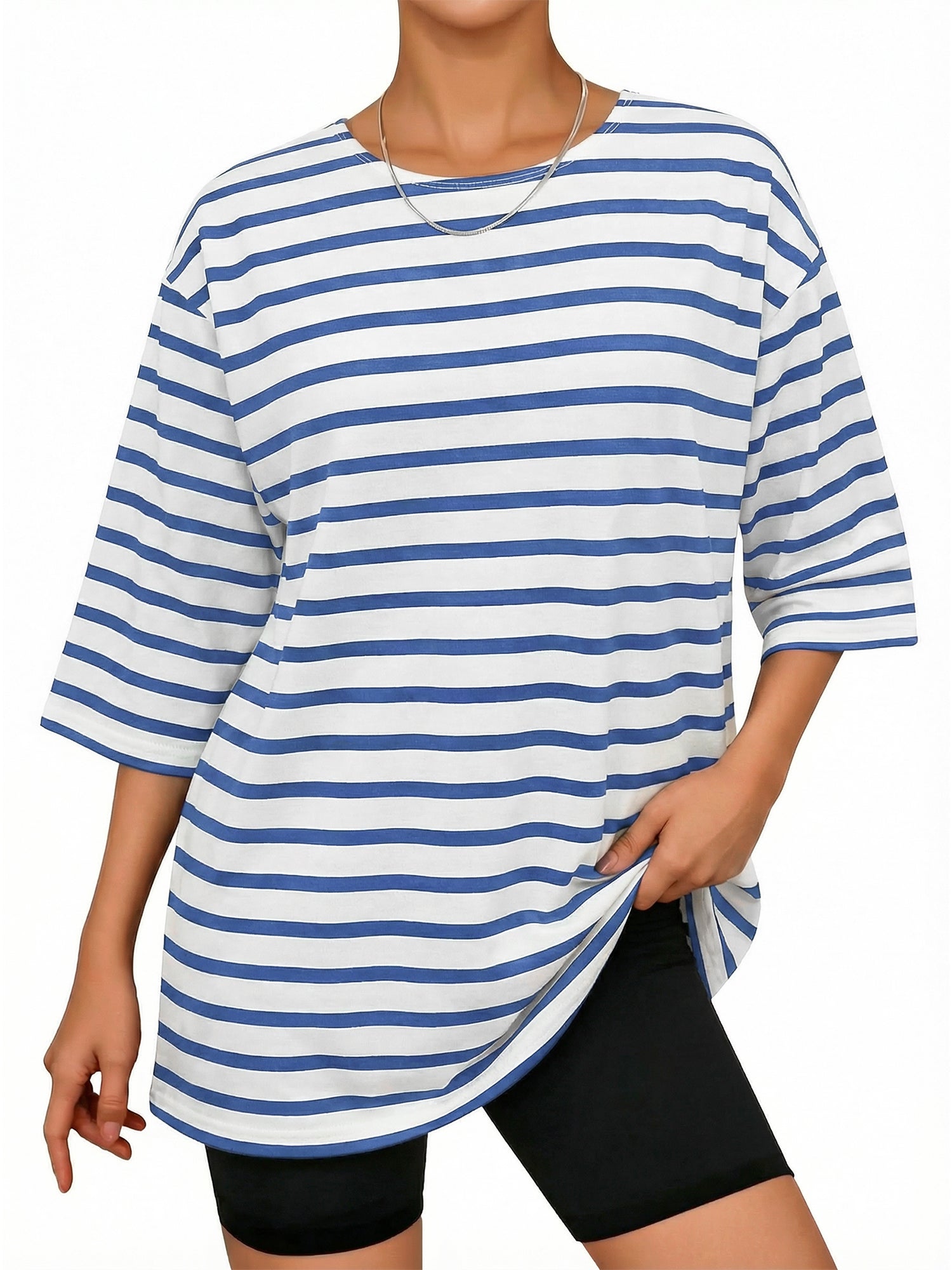 MOYIKO Striped T Shirts for Women 3/4 Length Sleeve Crewneck Casual Loose Fit Tees Summer Tops