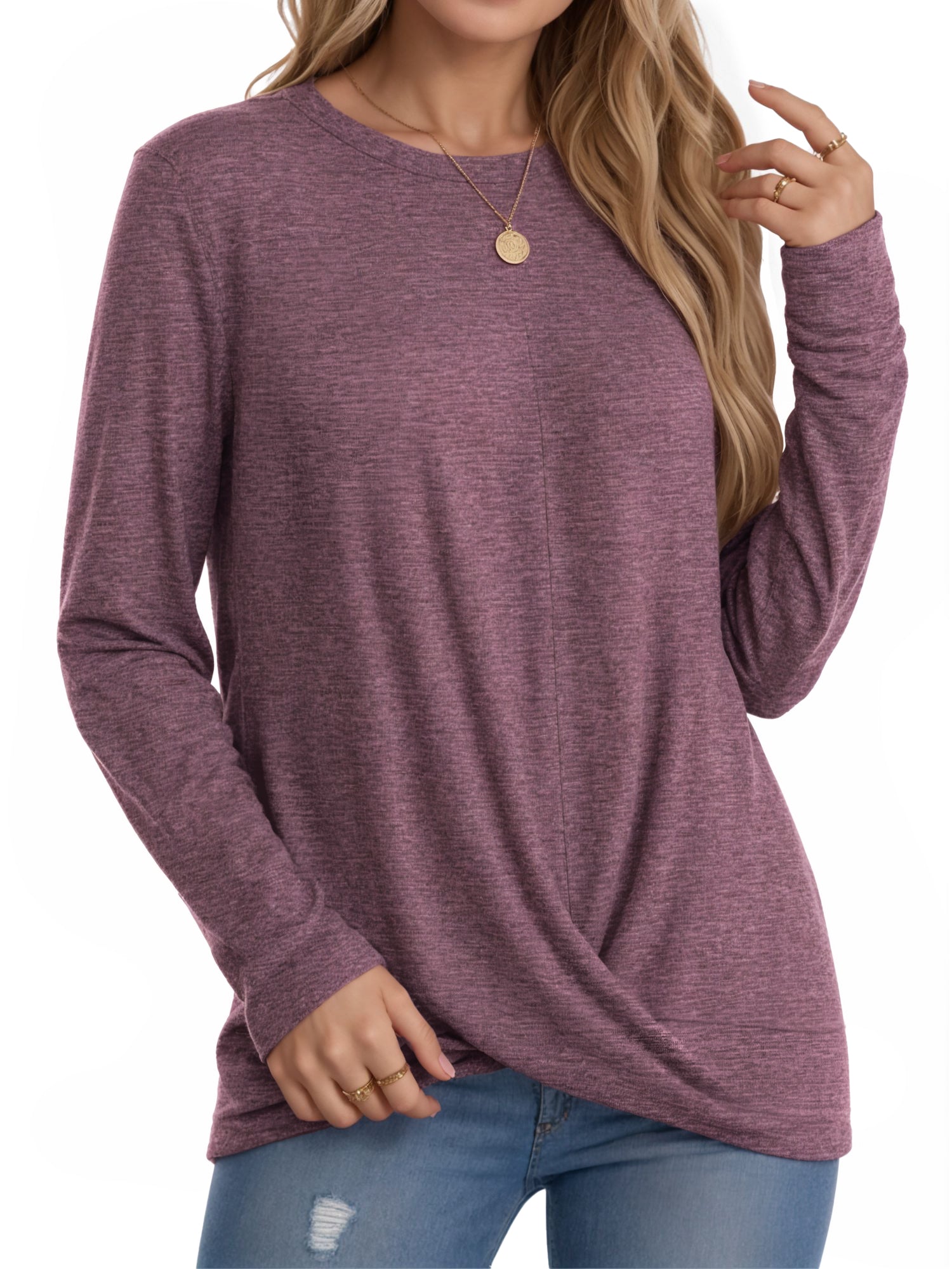 OALUXE Long Sleeve Shirts for Women Dressy Casual Tunic Tops Crewneck Front Twist Blouses