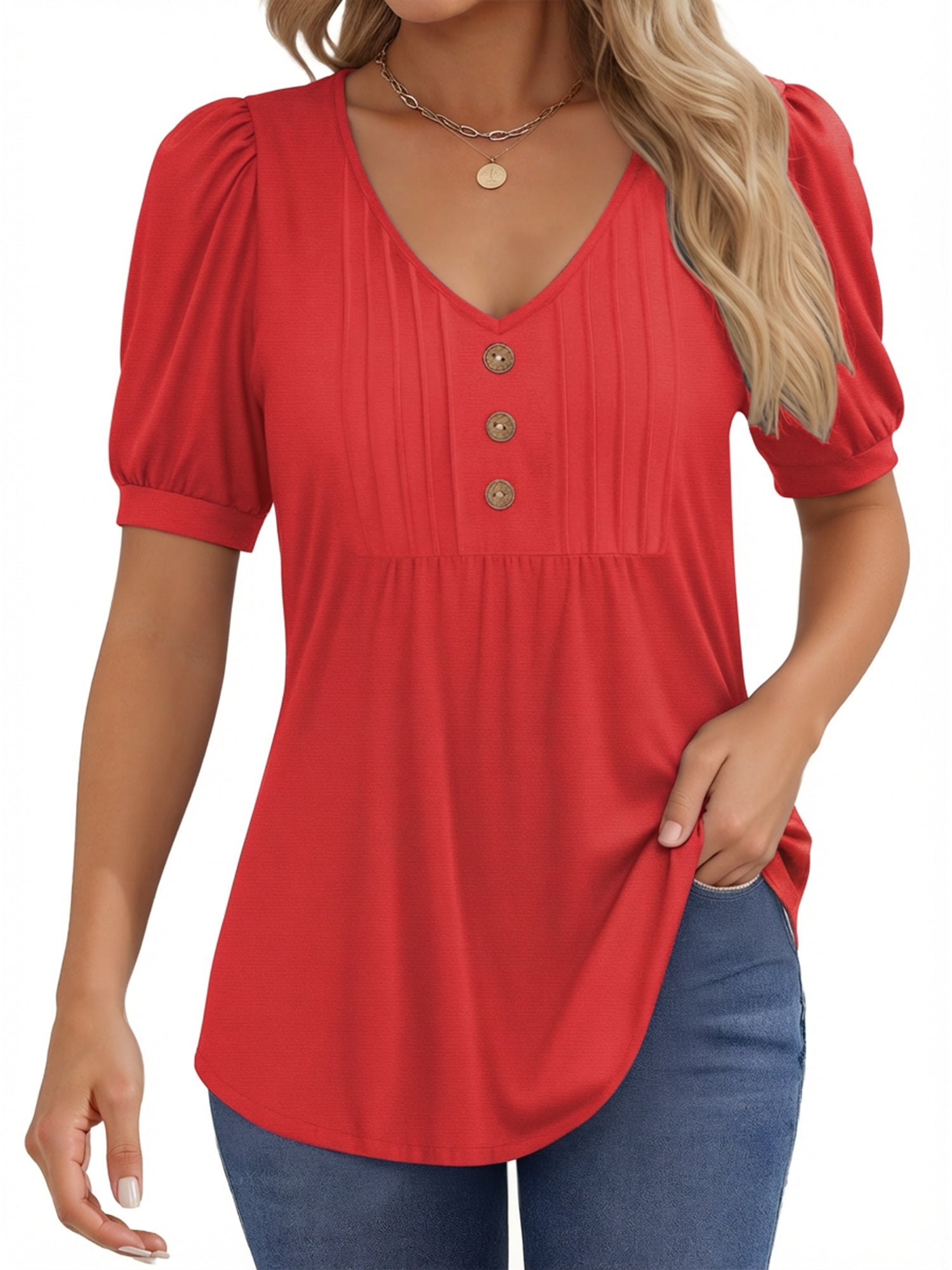 MOYIKO Blouses for Women Pleated Button Puff Short Sleeve Shirts Dressy Casual V Neck Tunic Tops Summer Shirts