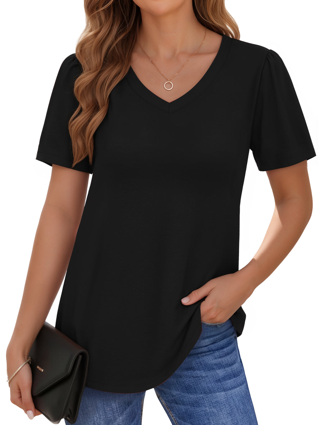 MOYIKO Womens Short Puff Sleeve T Shirts V Neck Summer Tops Trendy Dressy Casual Loose Fit Tees