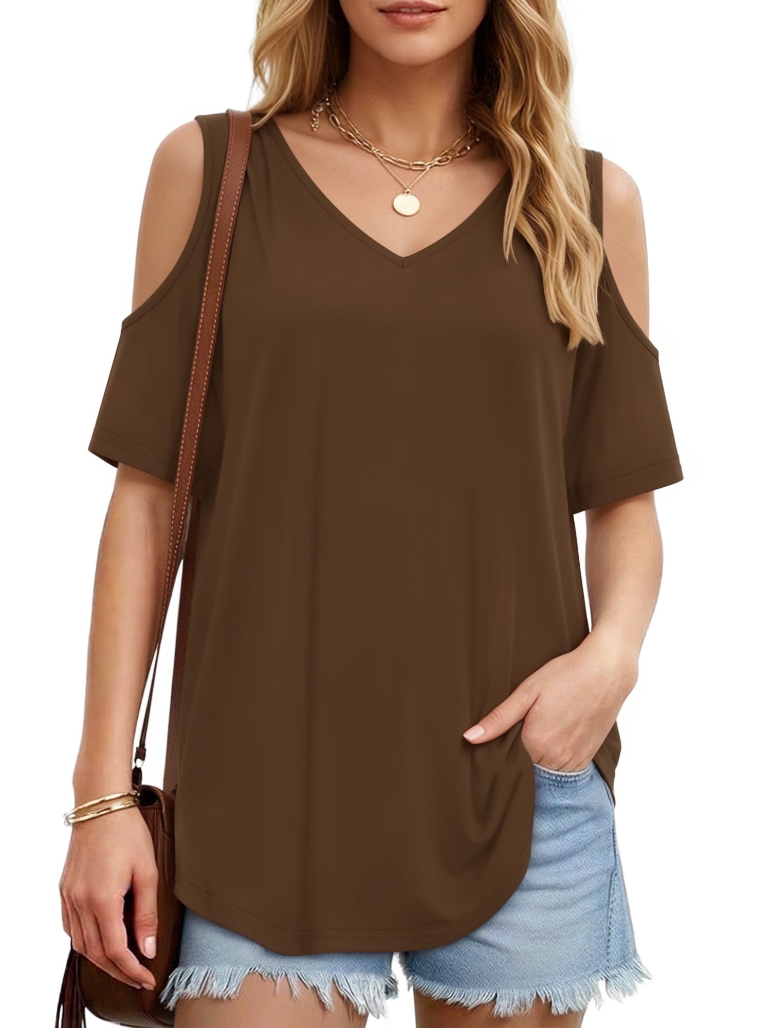 MOYIKO Women's Shirts Cold Shoulder Tops Summer Short Sleeve V Neck Loose Fit T Shirt Basic Black Tee Blouse