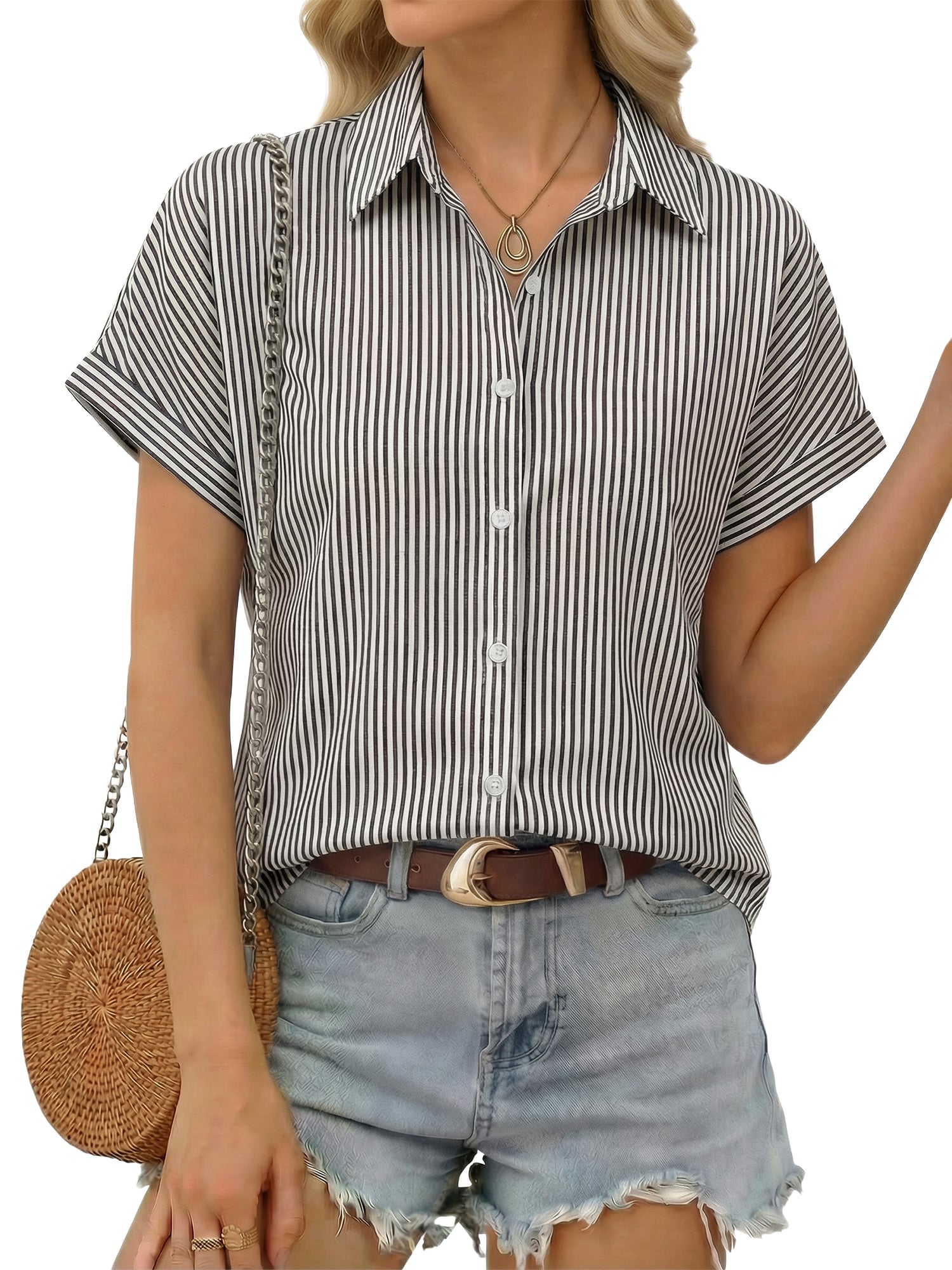 MOYIKO Short Sleeve Summer Tops for Women Casual Button Down Shirts Striped Business Work Blouses