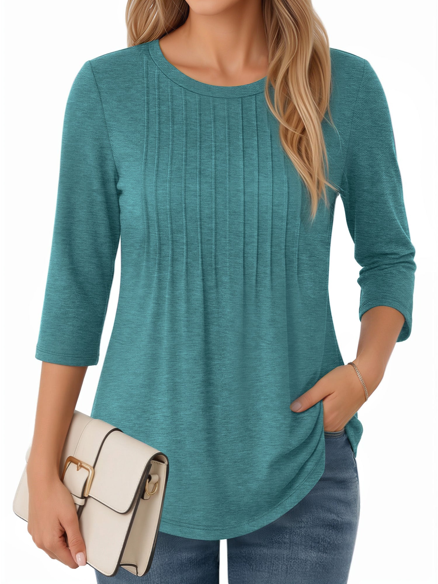 MOYIKO 3/4 Length Sleeve Womens Tops Round Neck T Shirts Pleated Tunic Summer Blouses Dressy Casual