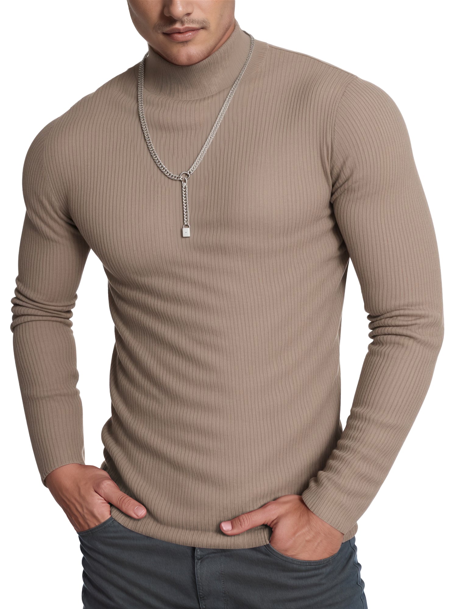 OALUXE Turtleneck Ribbed Long Sleeve Shirts for Mens Undershirts Knit Thermal Basic Tops