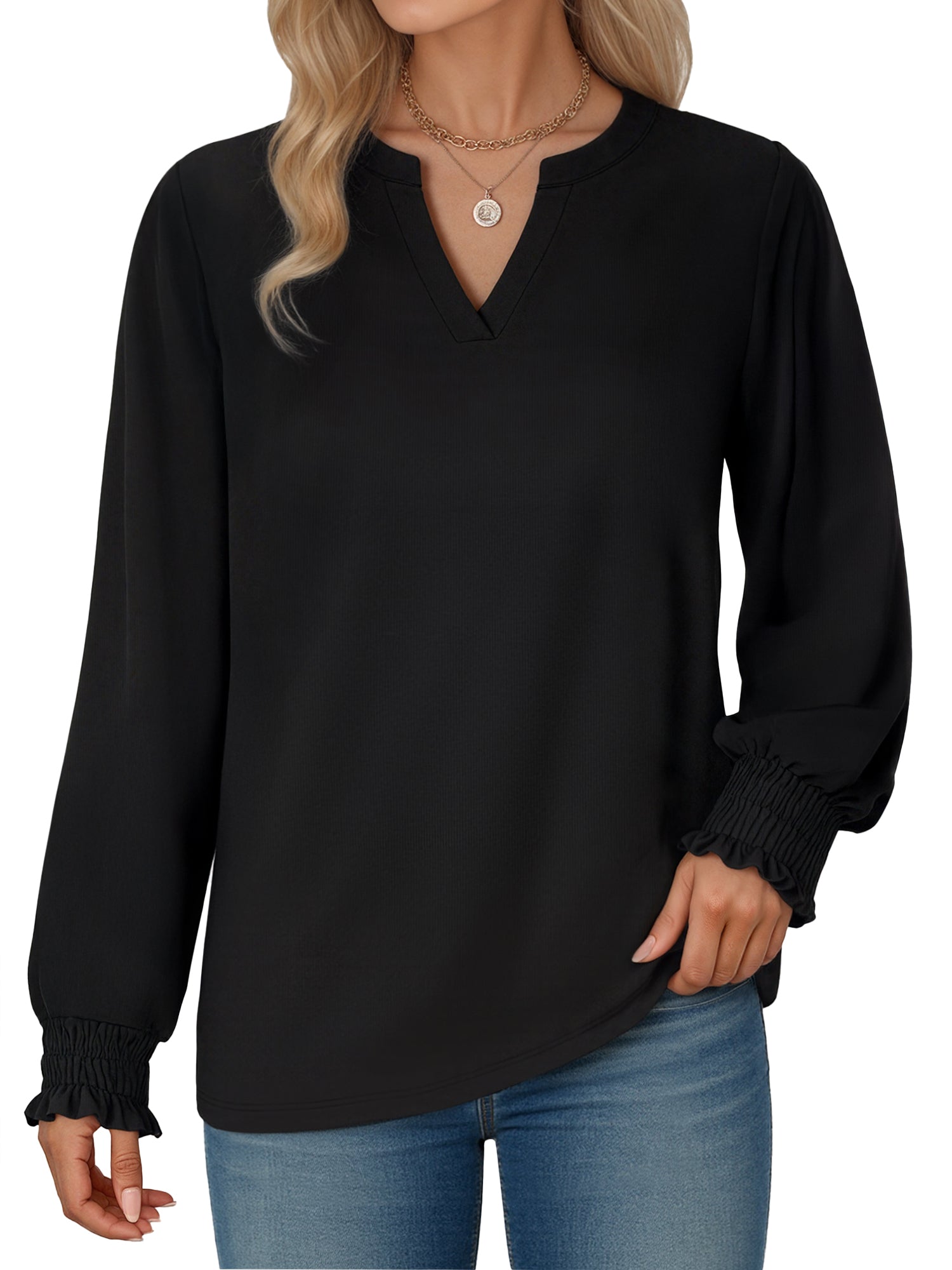 OALUXE Blouses for Women Long Sleeve Shirts V Neck Smocked Cuffs Tunic Tops