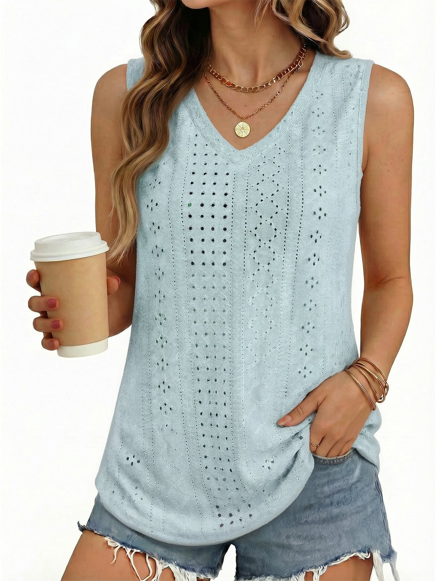 MOYIKO Tank Tops for Women Eyelet V Neck Trendy Sleeveless Tops Dressy Casual Flowy Summer Shirts Loose Fit