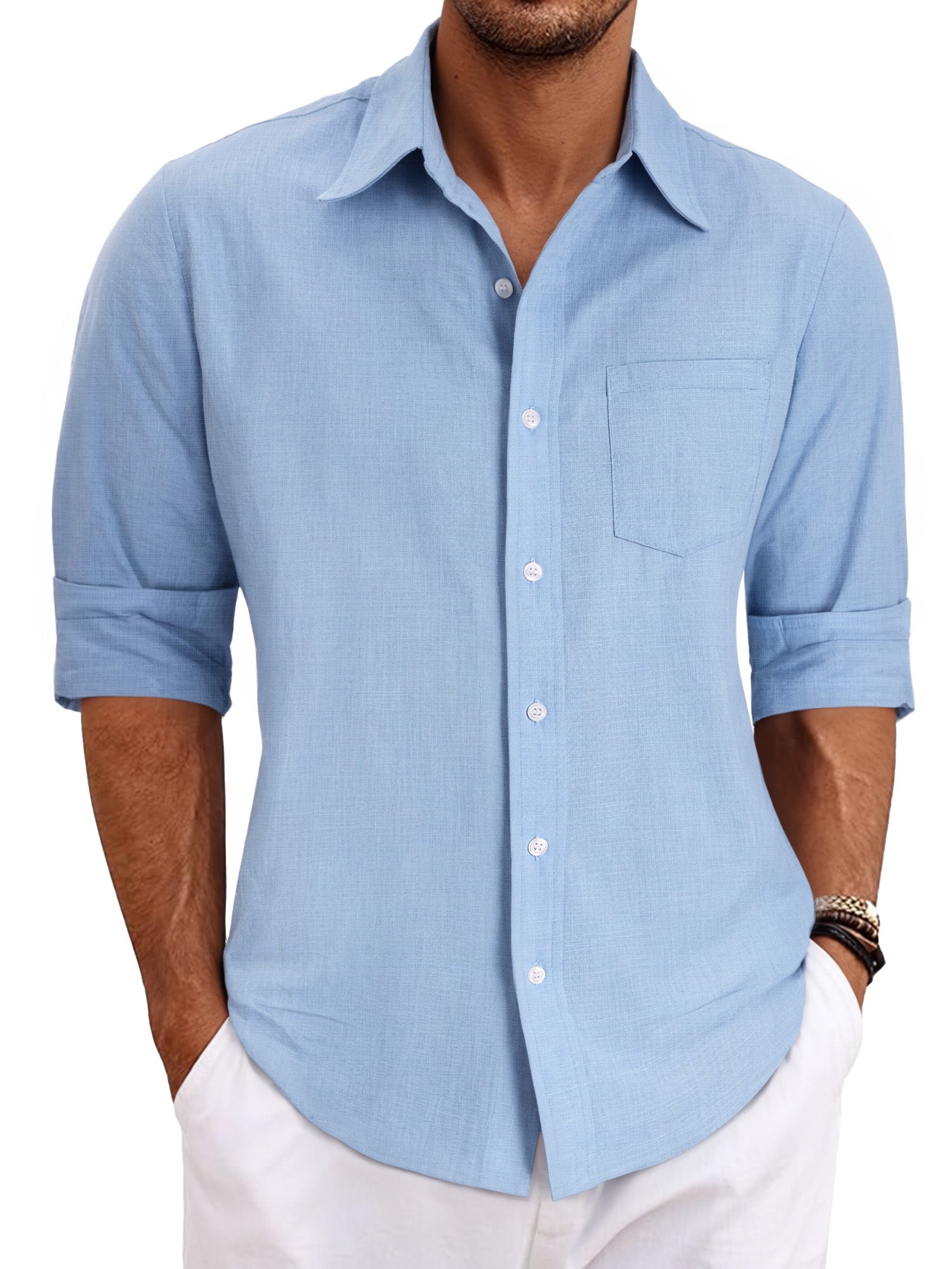 OALUXE Linen Button Down Shirts For Men Casual Long Sleeve Lightweight Dress Shirts With Pocket