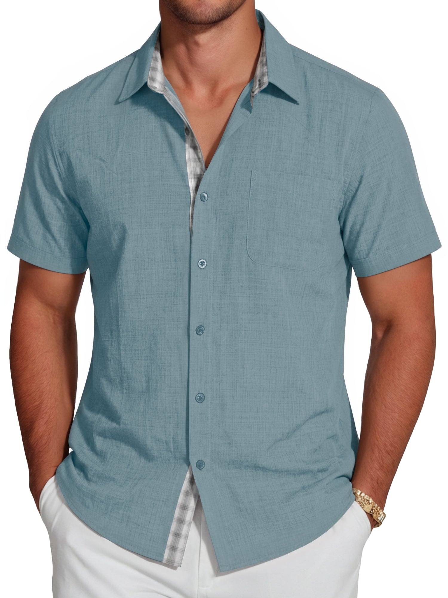 RICHCOIN Men's Button Down Shirts Short Sleeve Casual Summer Beach Vacation Wedding Shirt with Pocket