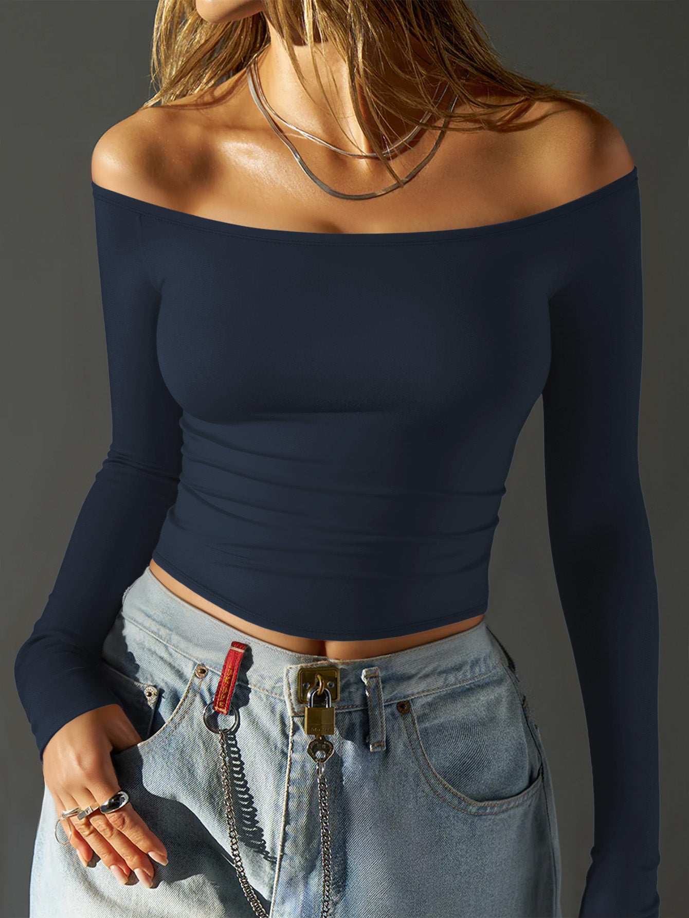 MOYIKO Off The Shoulder Tops For Women Fitted Long Sleeve Shirts Elegant