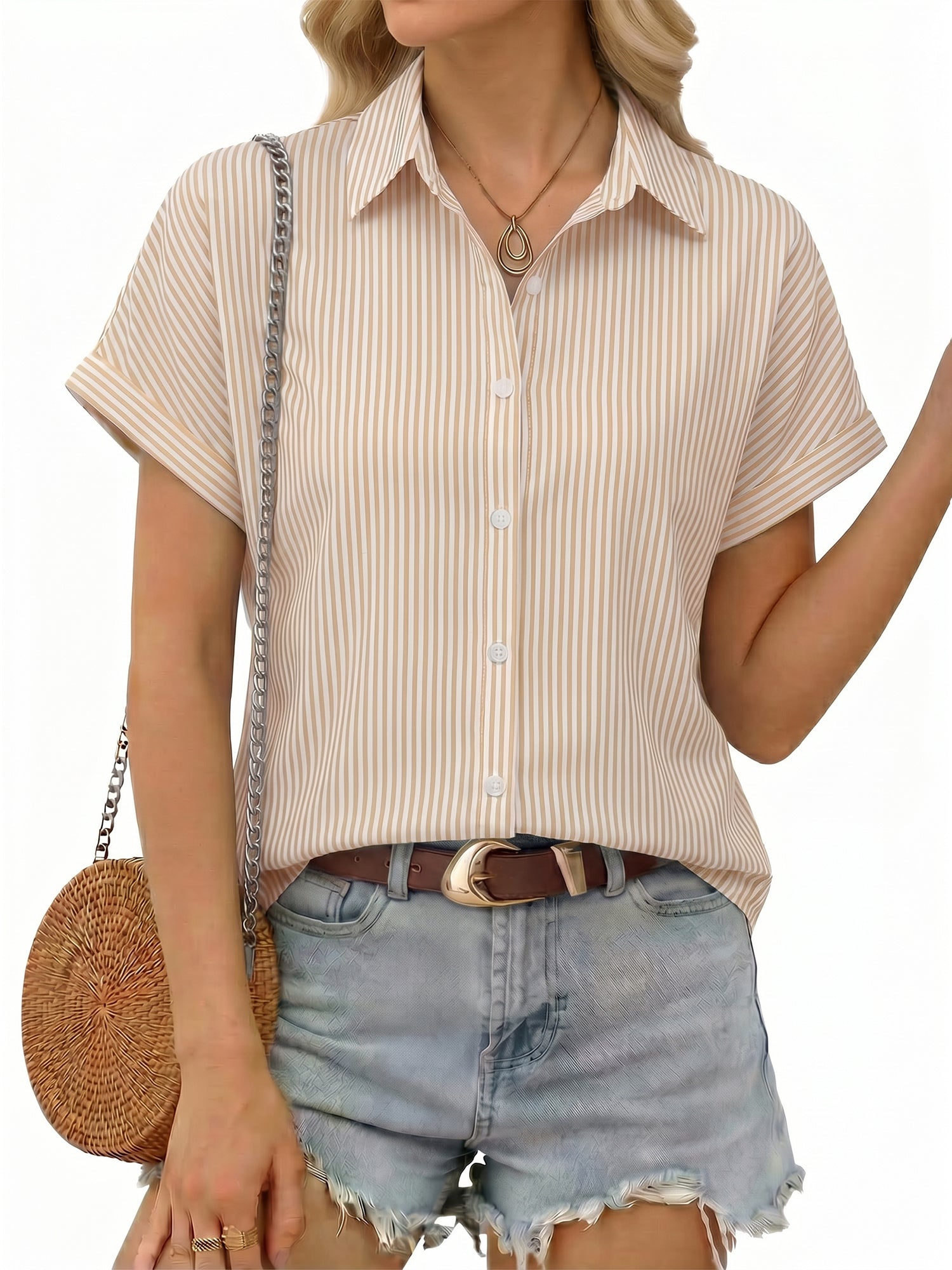 MOYIKO Short Sleeve Summer Tops for Women Casual Button Down Shirts Striped Business Work Blouses