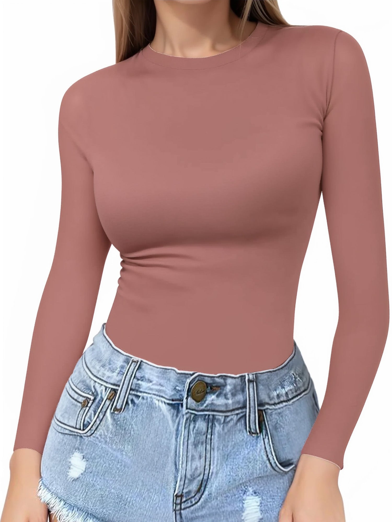 MOYIKO Crewneck Long Sleeve Shirts for Women Slim Fitted Tees Tight Basic Tops