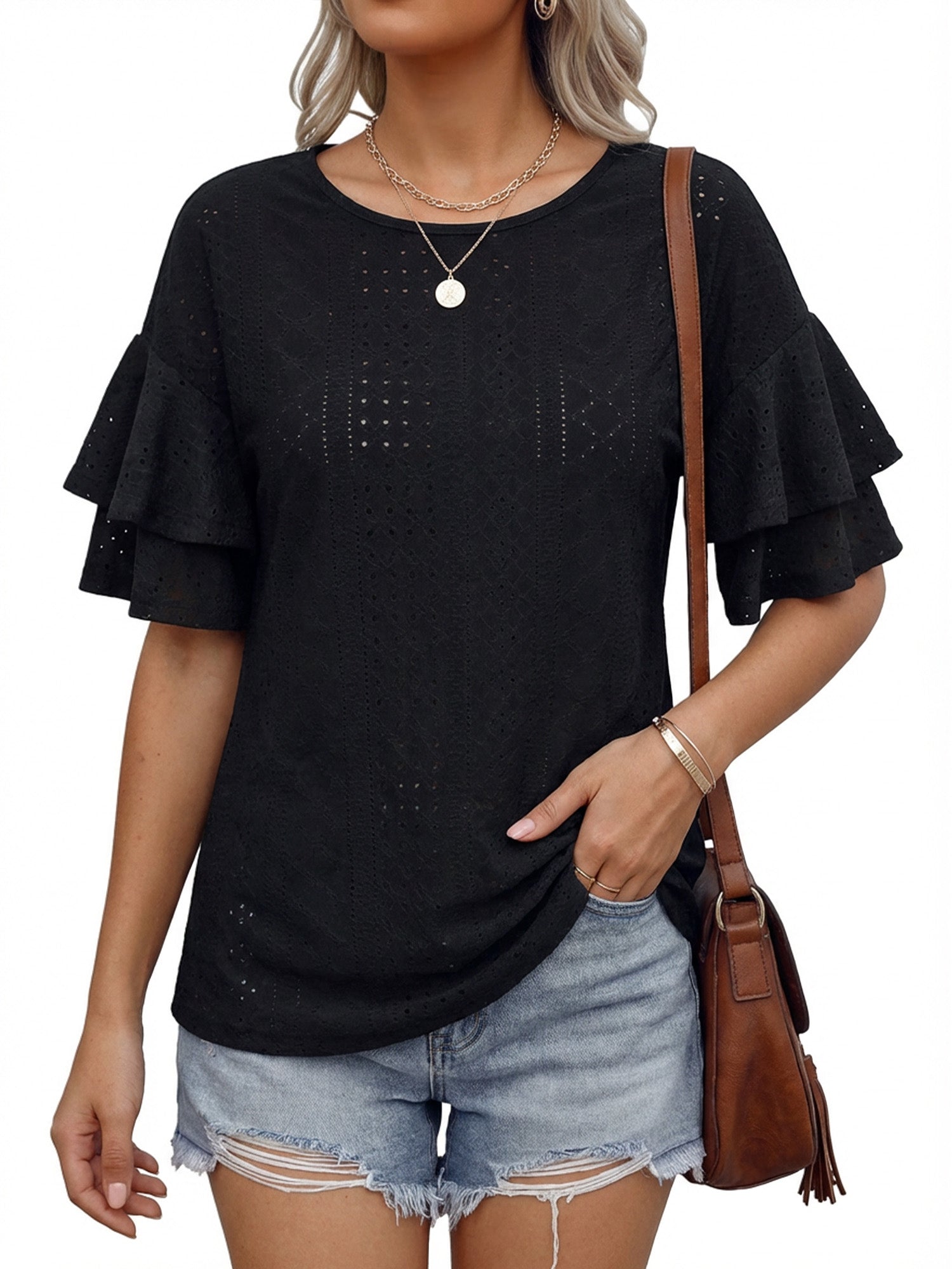 MOYIKO Women Casual Ruffle Half Sleeve Summer tops Crewneck Eyelet Shirts Flowy Dressy Tunic Blouses