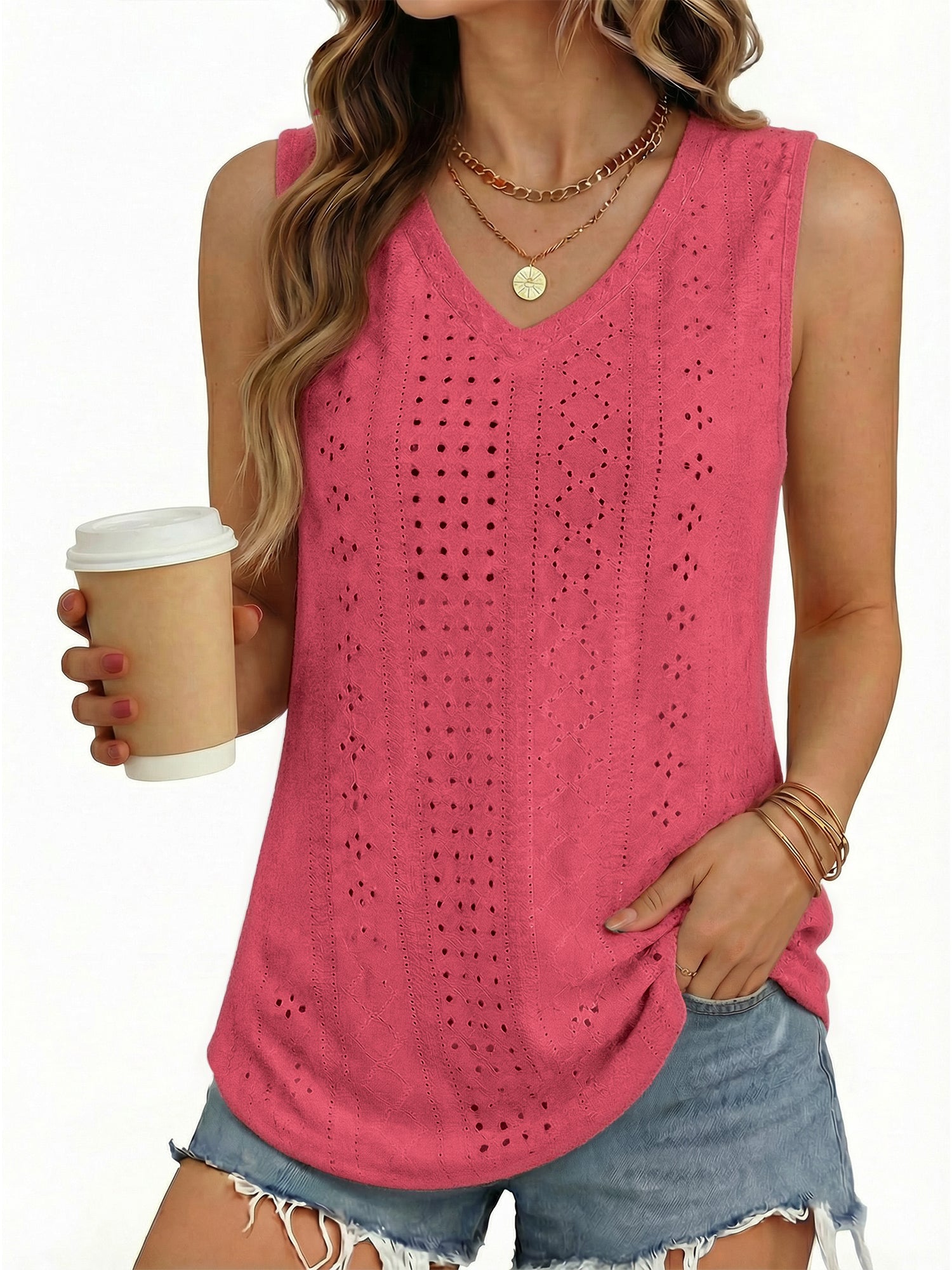 MOYIKO Tank Tops for Women Eyelet V Neck Trendy Sleeveless Tops Dressy Casual Flowy Summer Shirts Loose Fit