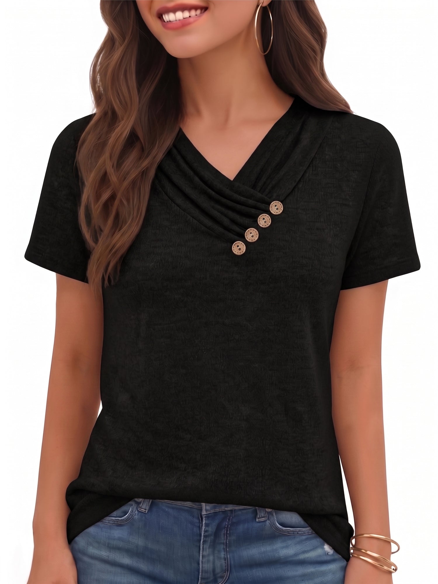 MOYIKO Blouses for Women Summer Short Sleeve Tunic Top V Neck Button Dressy Casual Business Shirts