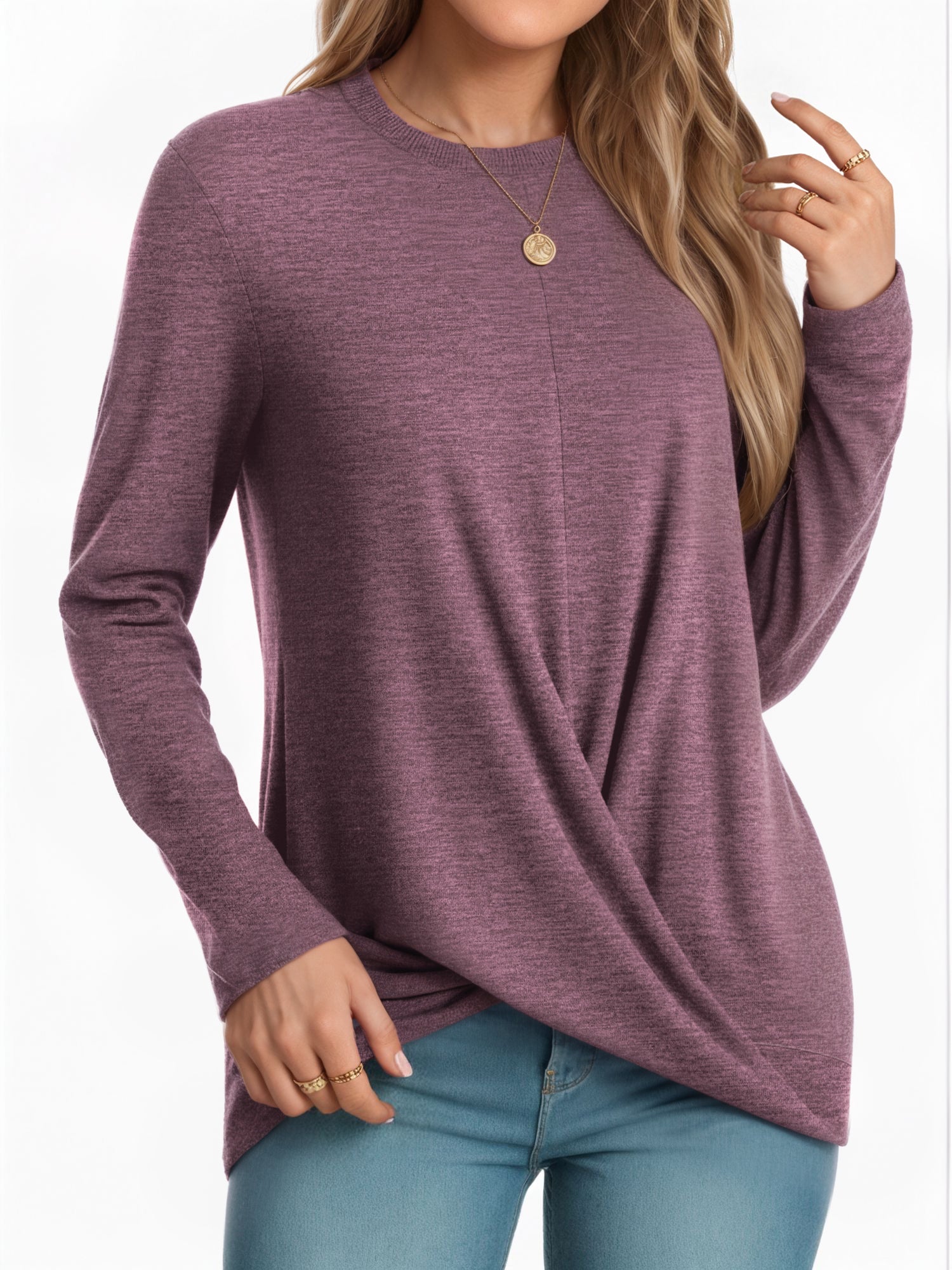 OALUXE Long Sleeve Shirts for Women Dressy Casual Tunic Tops Crewneck Front Twist Blouses