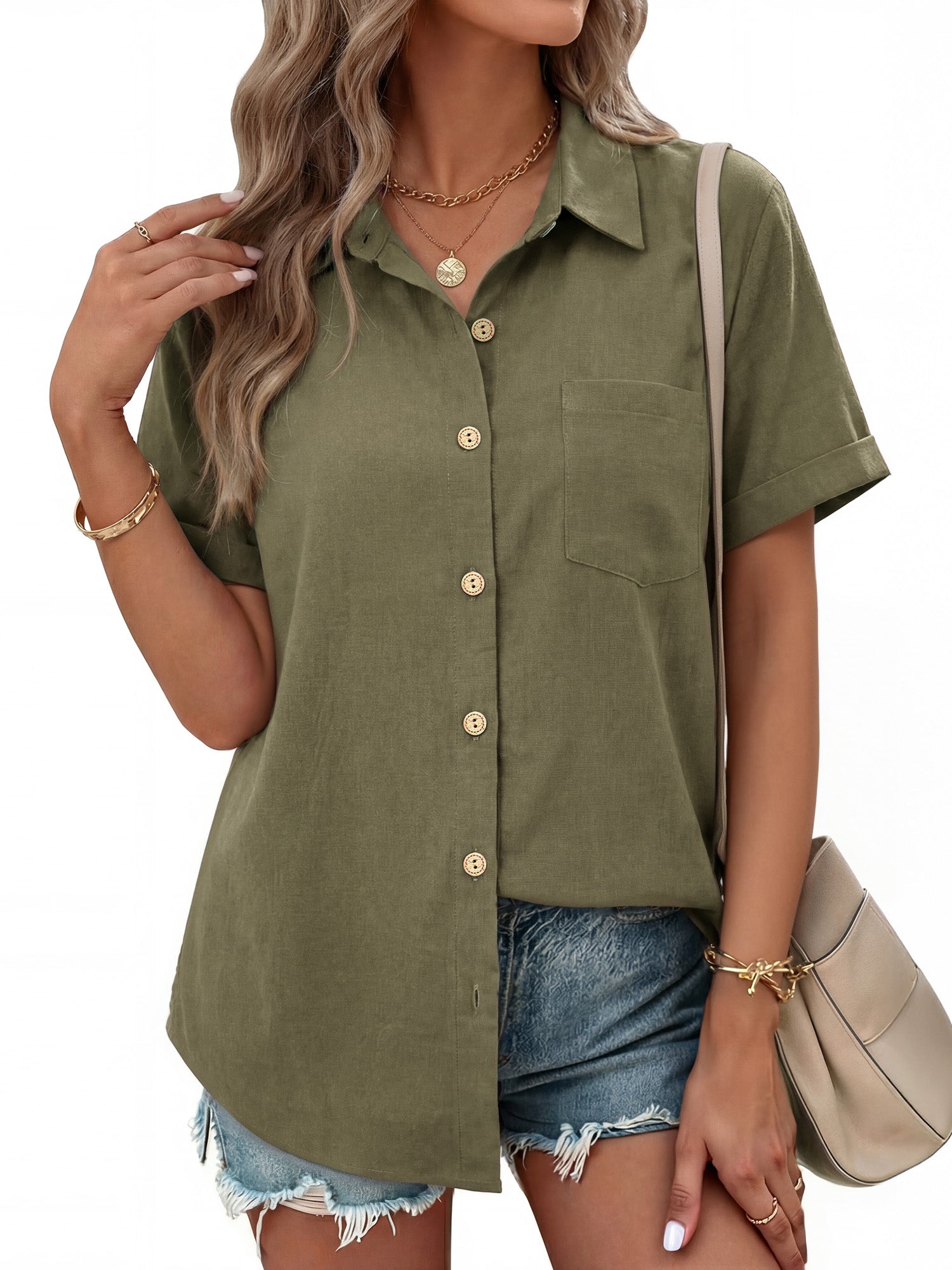 MOYIKO Womens Button Down Shirts Short Sleeve Shirt Collared Casual Work Blouses Summer Tops with Pockets