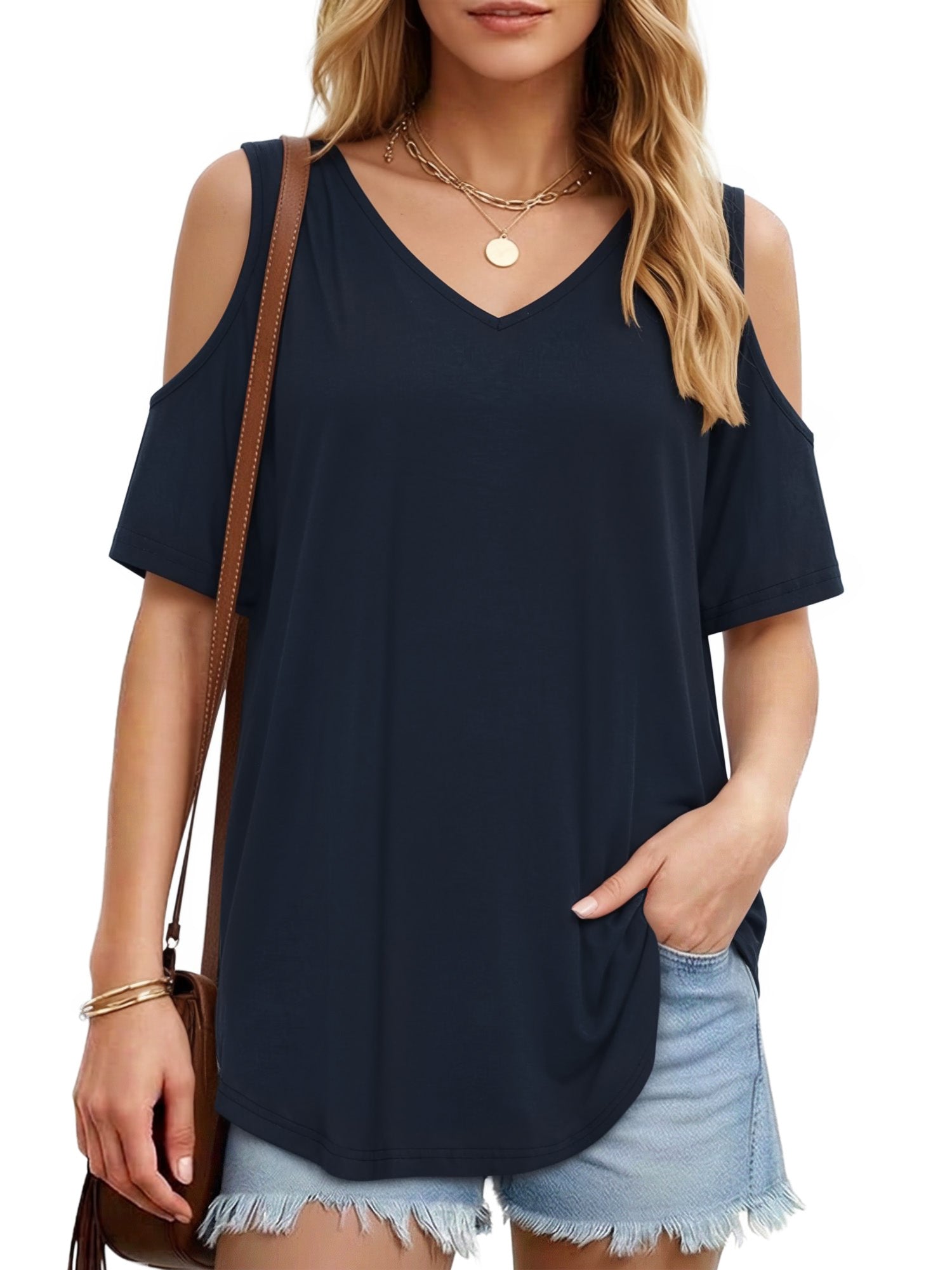 MOYIKO Women's Shirts Cold Shoulder Tops Summer Short Sleeve V Neck Loose Fit T Shirt Basic Black Tee Blouse